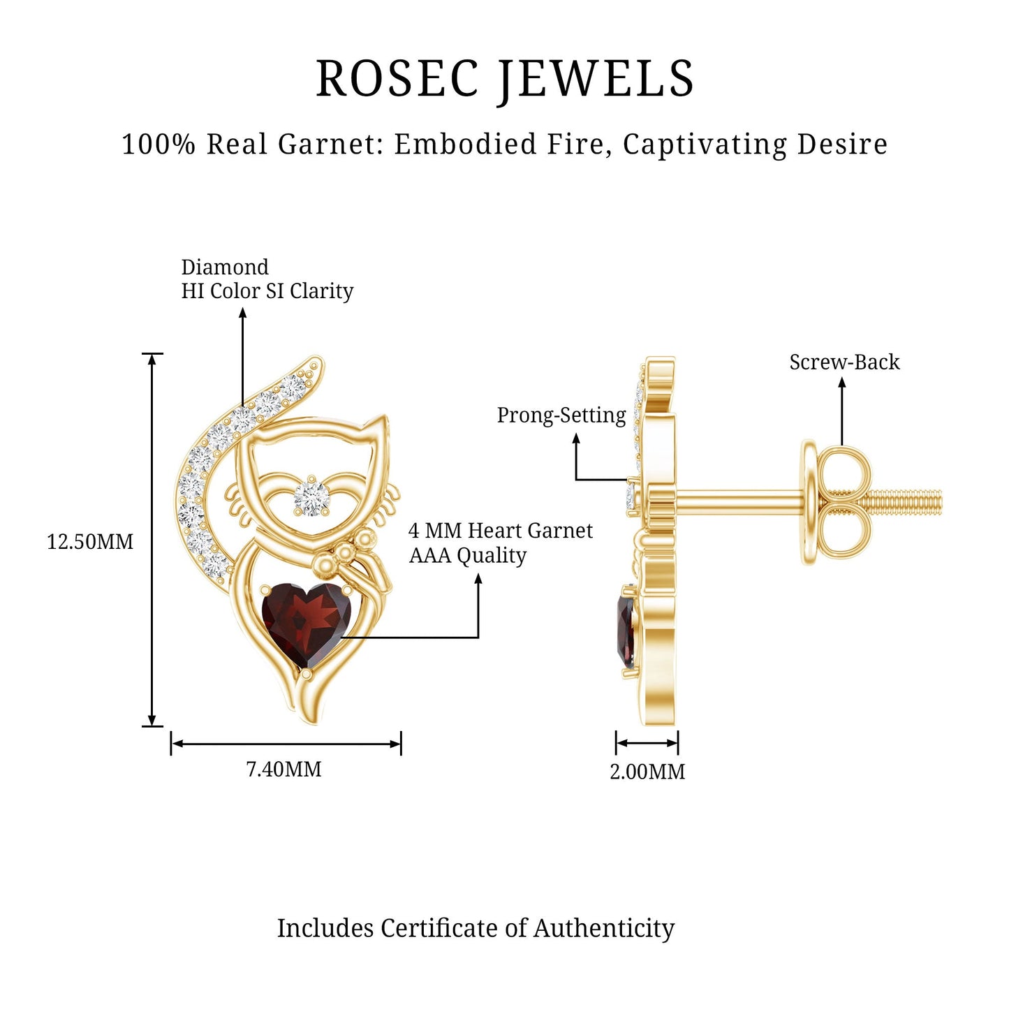 Heart Shape Garnet and Diamond Cat Stud Earrings