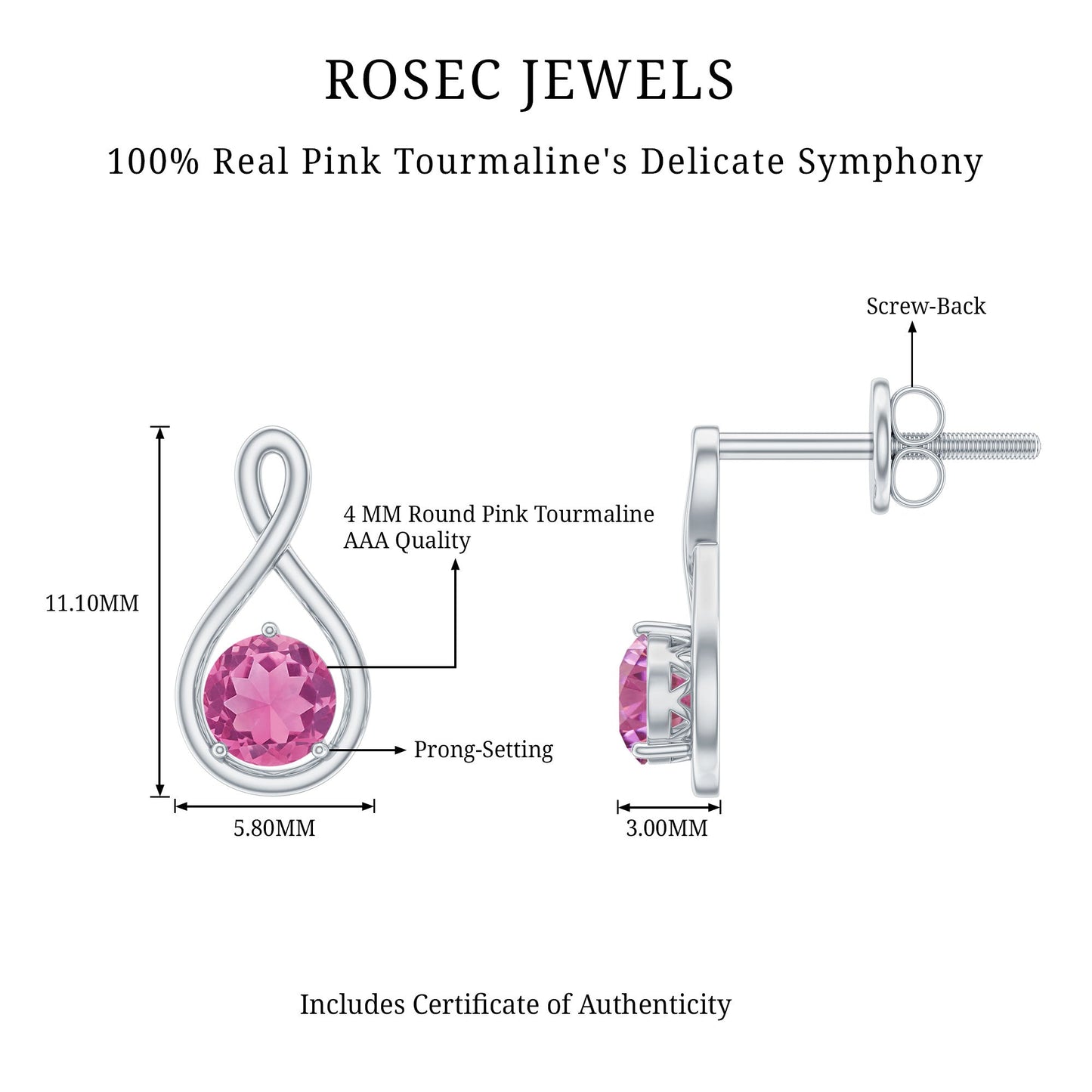 Genuine Pink Tourmaline Infinity Stud Earrings for Women