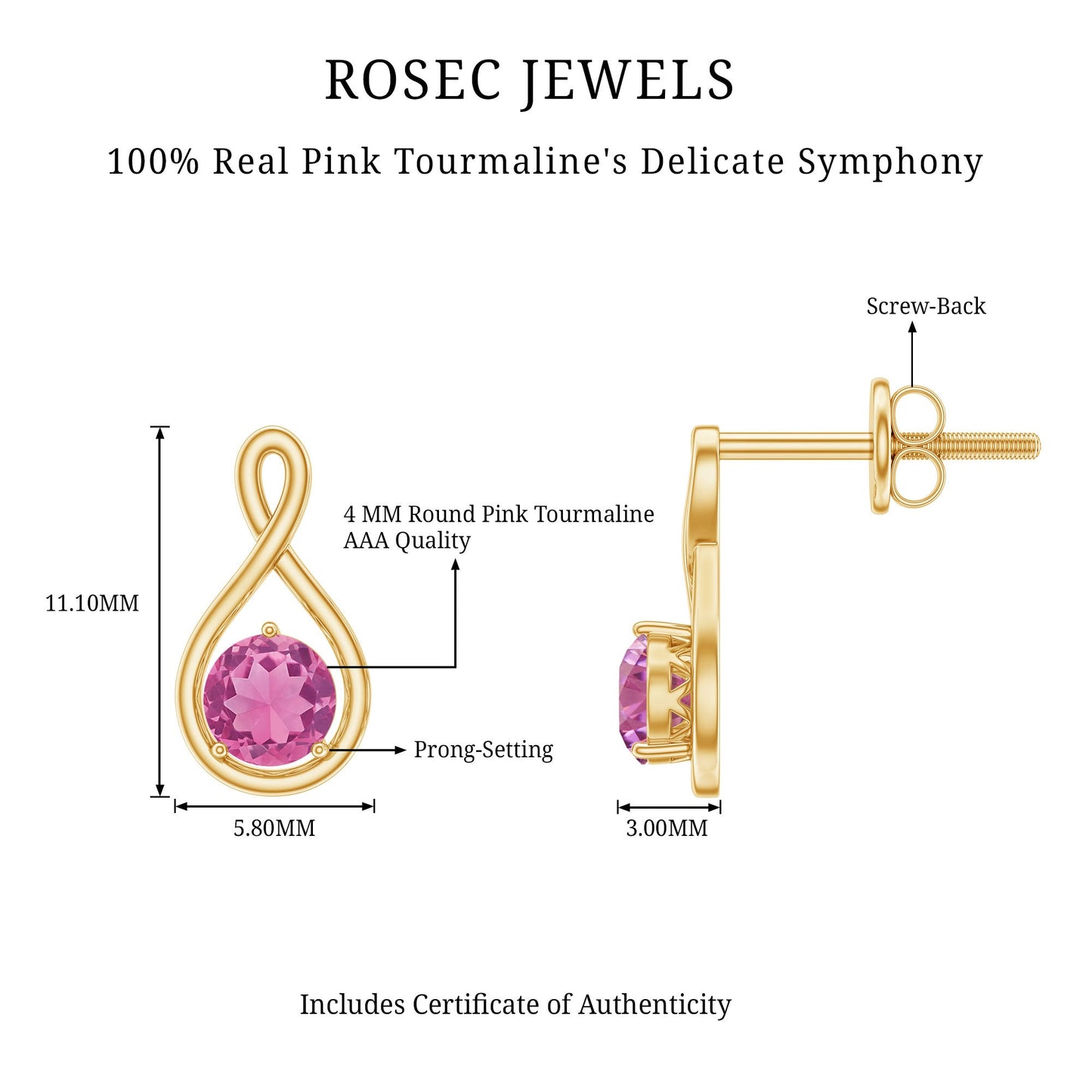 Genuine Pink Tourmaline Infinity Stud Earrings for Women