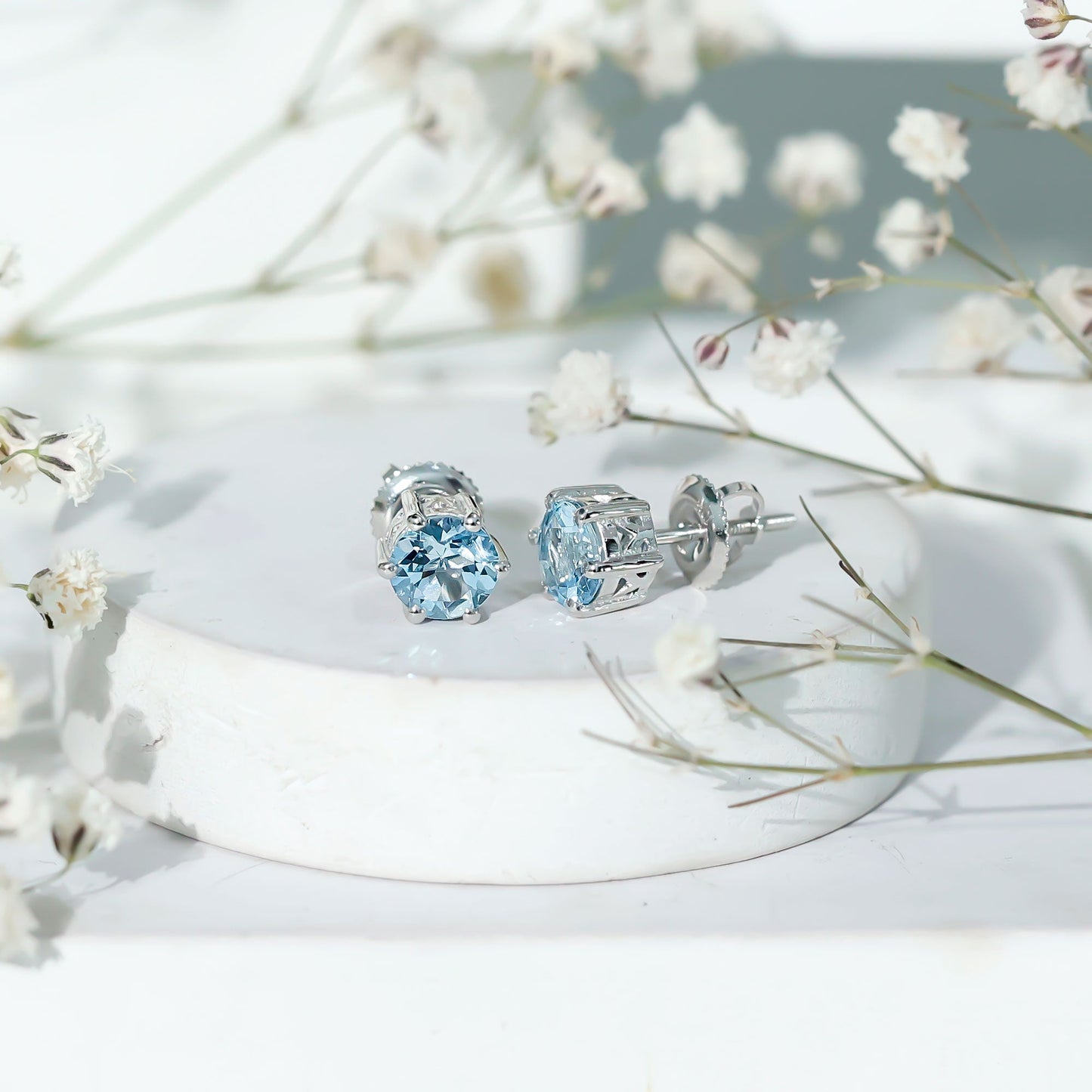 1.6 Carat Round Aquamarine Solitaire Stud Earrings
