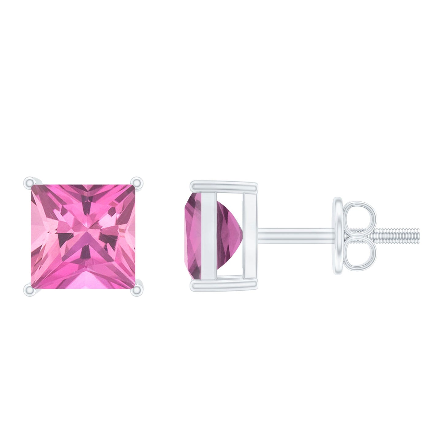 2 Carat Princess Cut Pink Tourmaline Stud Earrings with Screw Back