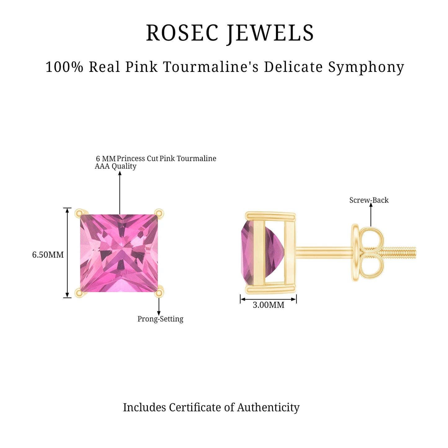 2 Carat Princess Cut Pink Tourmaline Stud Earrings with Screw Back