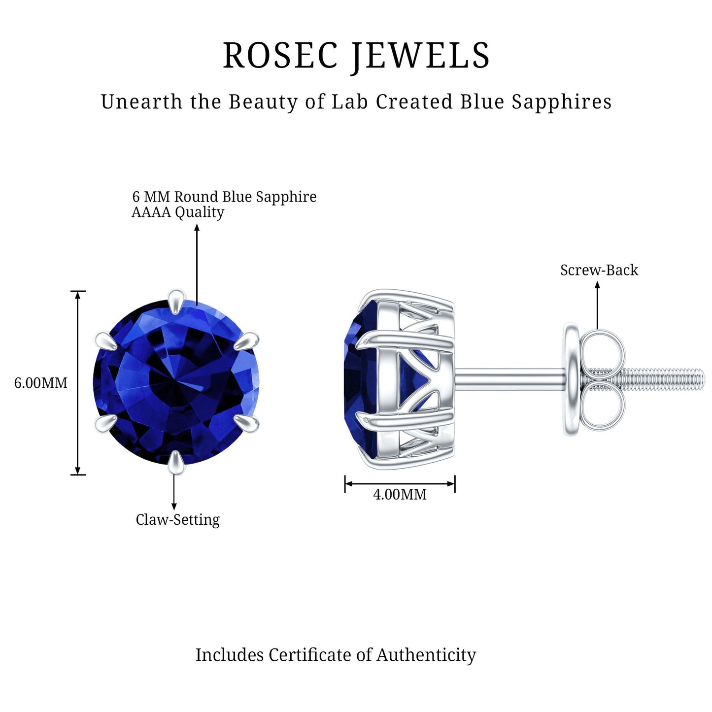 2 CT Lab Created Blue Sapphire Stud Earrings in 6 Prong Setting