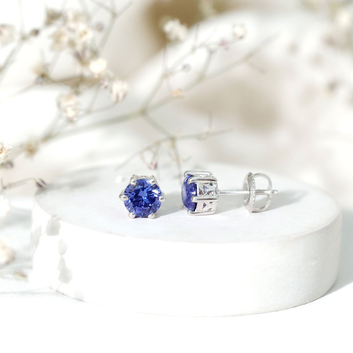 2 CT Lab Created Blue Sapphire Stud Earrings in 6 Prong Setting