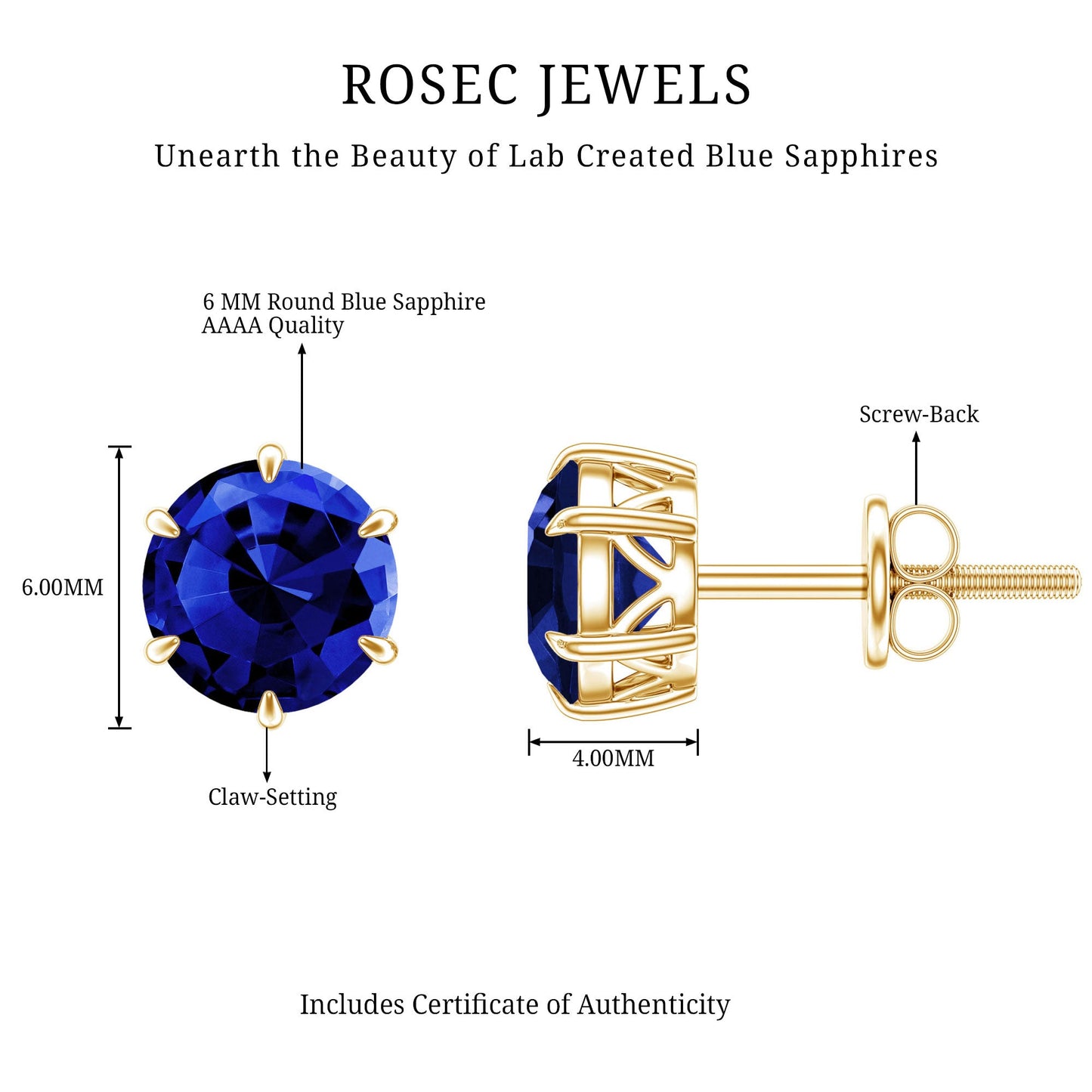2 CT Lab Created Blue Sapphire Stud Earrings in 6 Prong Setting
