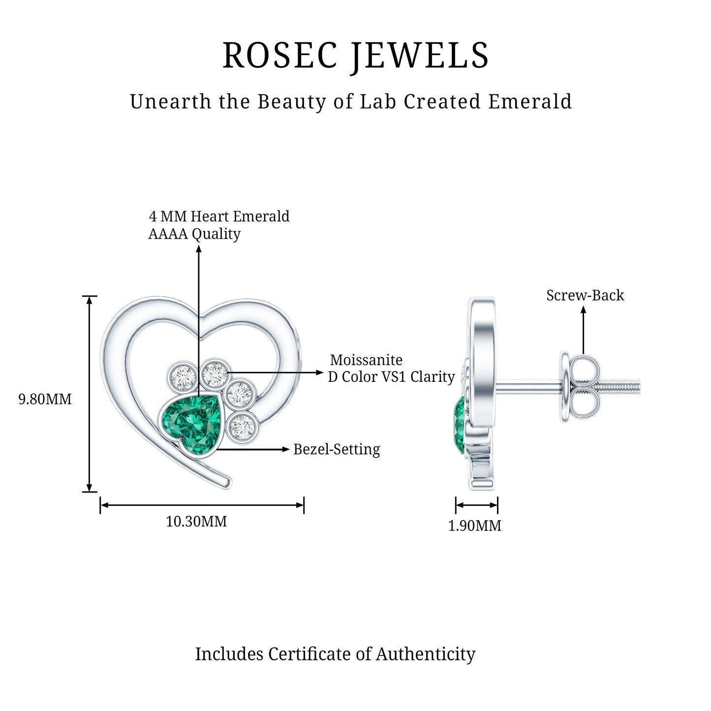 Lab Created Emerald and Moissanite Heart Paw Stud Earrings