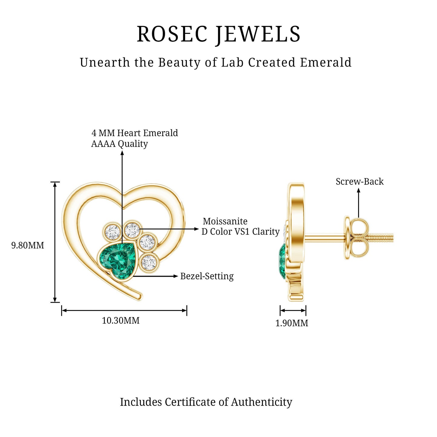 Lab Created Emerald and Moissanite Heart Paw Stud Earrings
