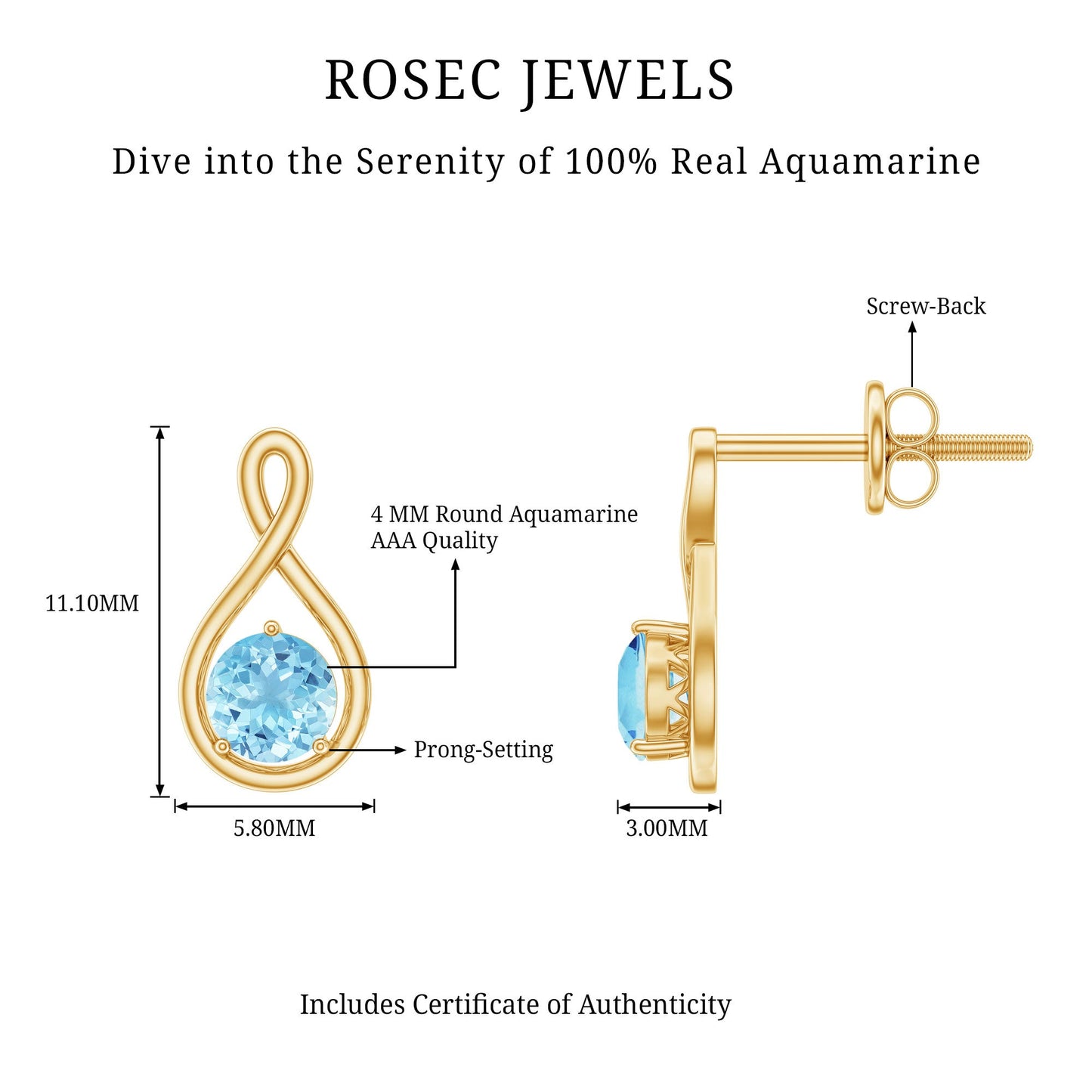 Genuine 0.5 Carat Aquamarine Infinity Stud Earrings