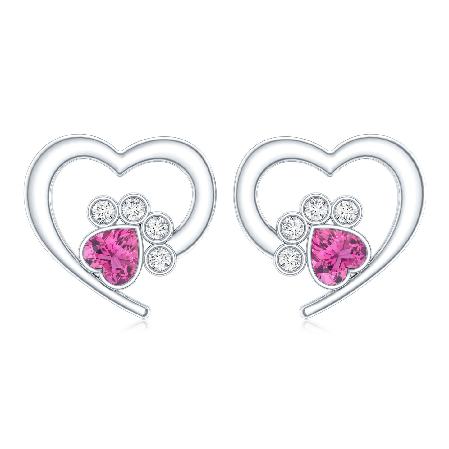 Heart Shape Pink Tourmaline and Diamond Dog Paw Stud Earrings