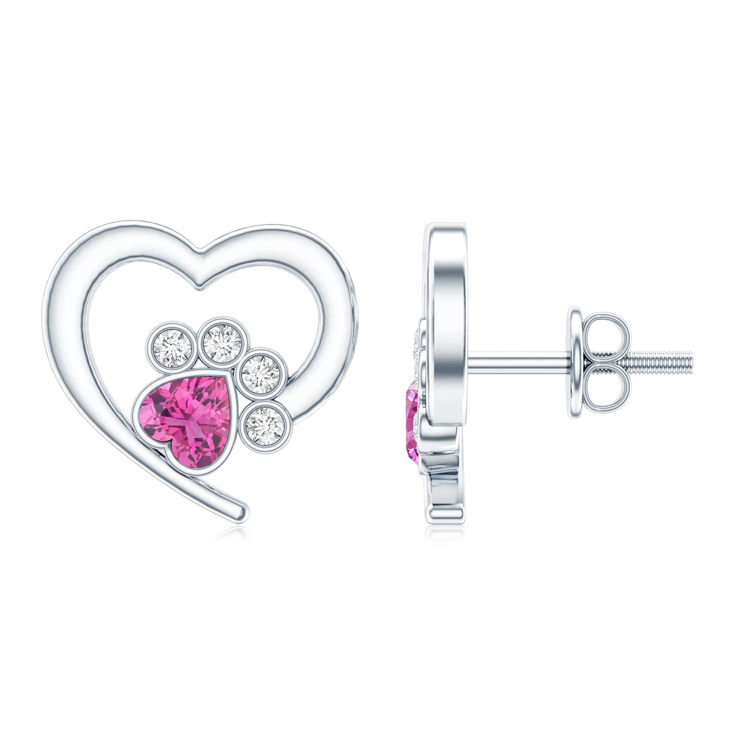 Heart Shape Pink Tourmaline and Diamond Dog Paw Stud Earrings