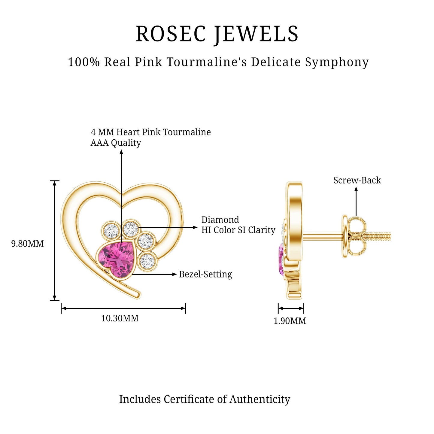 Heart Shape Pink Tourmaline and Diamond Dog Paw Stud Earrings
