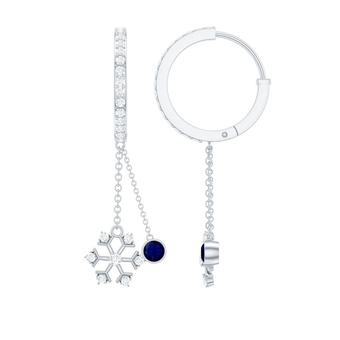 Real Blue Sapphire and Diamond Snowflake Dangle Hoop Earrings