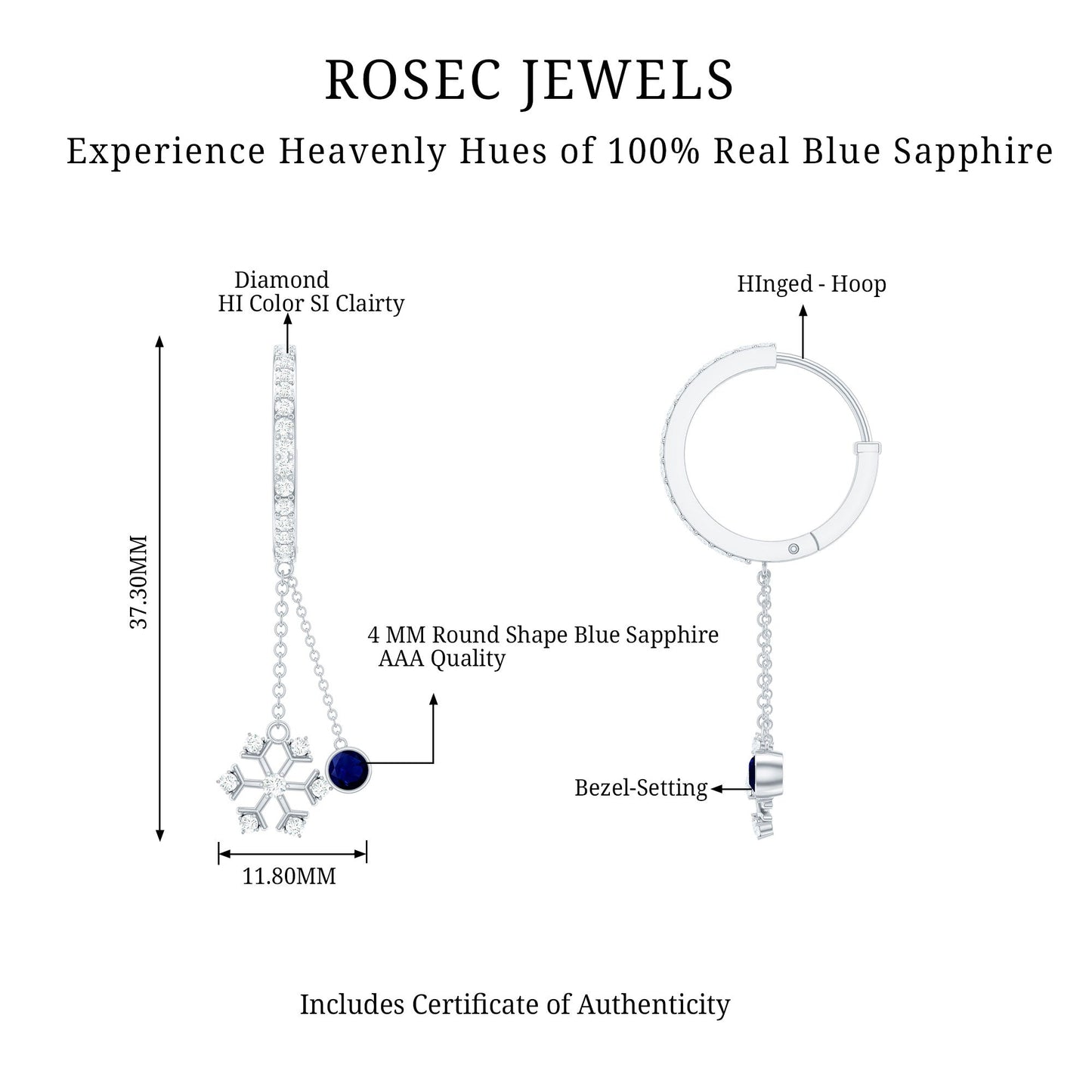 Real Blue Sapphire and Diamond Snowflake Dangle Hoop Earrings