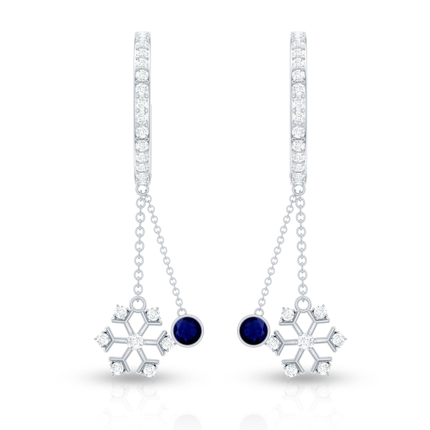 Real Blue Sapphire and Diamond Snowflake Dangle Hoop Earrings