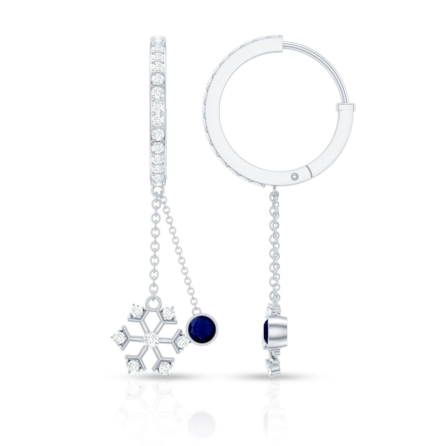 Real Blue Sapphire and Diamond Snowflake Dangle Hoop Earrings