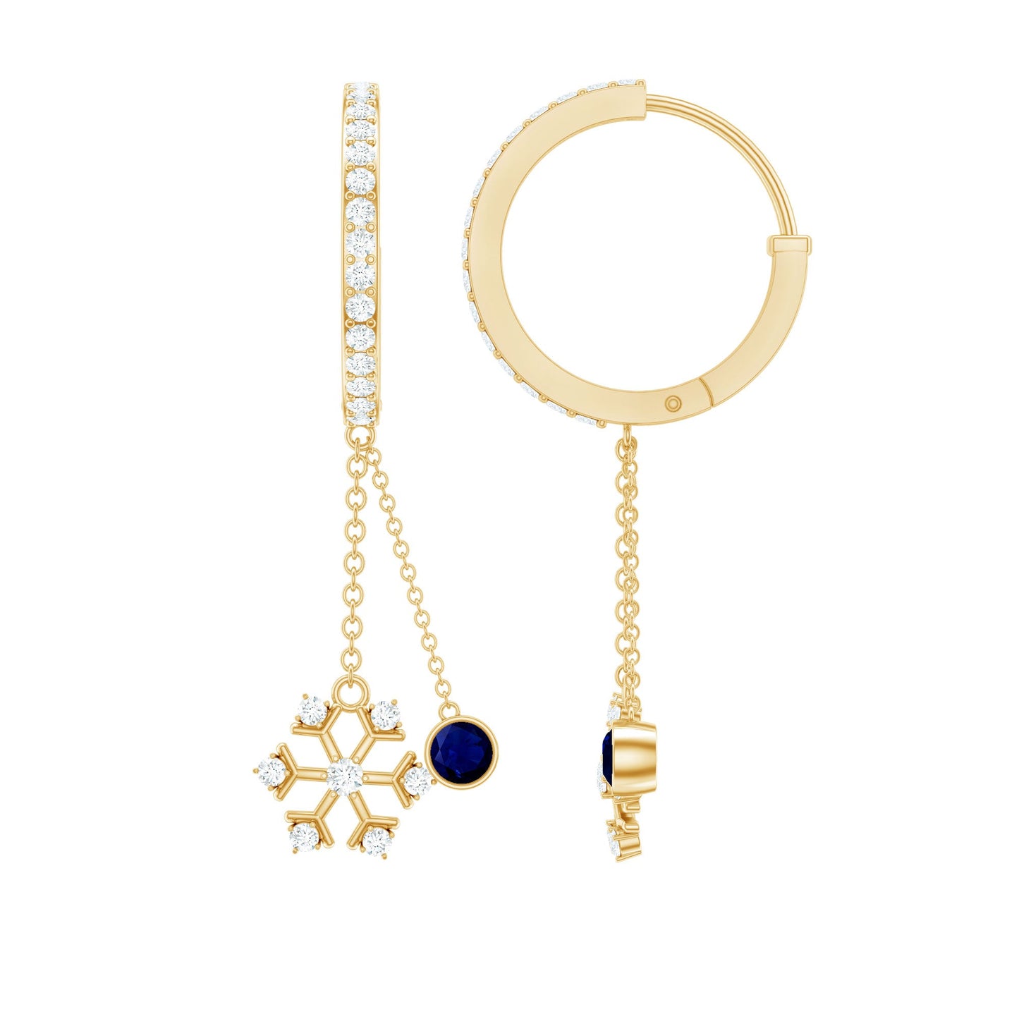 Real Blue Sapphire and Diamond Snowflake Dangle Hoop Earrings