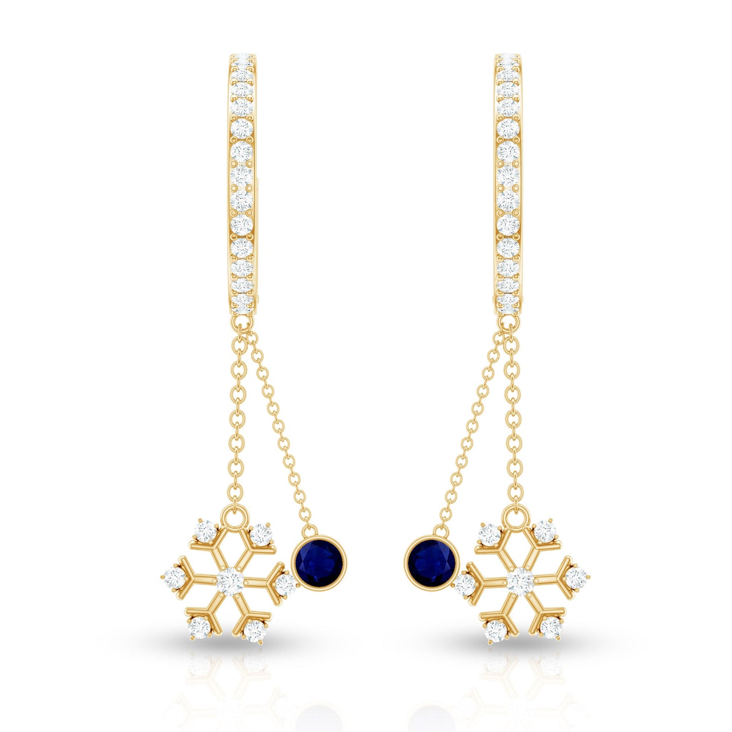 Real Blue Sapphire and Diamond Snowflake Dangle Hoop Earrings