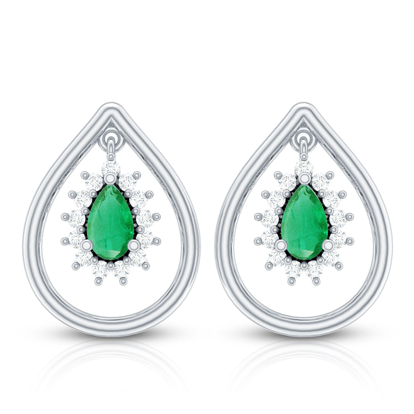 Real Emerald Teardrop Stud Earrings with Diamond Halo