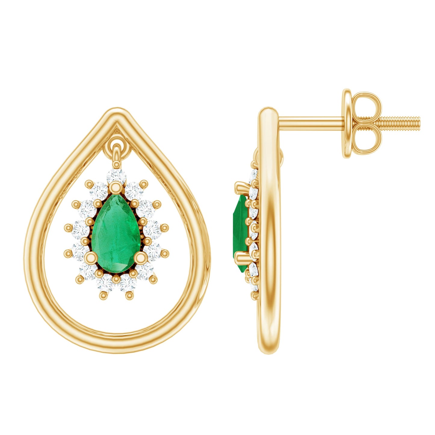 Real Emerald Teardrop Stud Earrings with Diamond Halo
