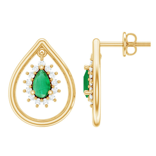 Real Emerald Teardrop Stud Earrings with Diamond Halo