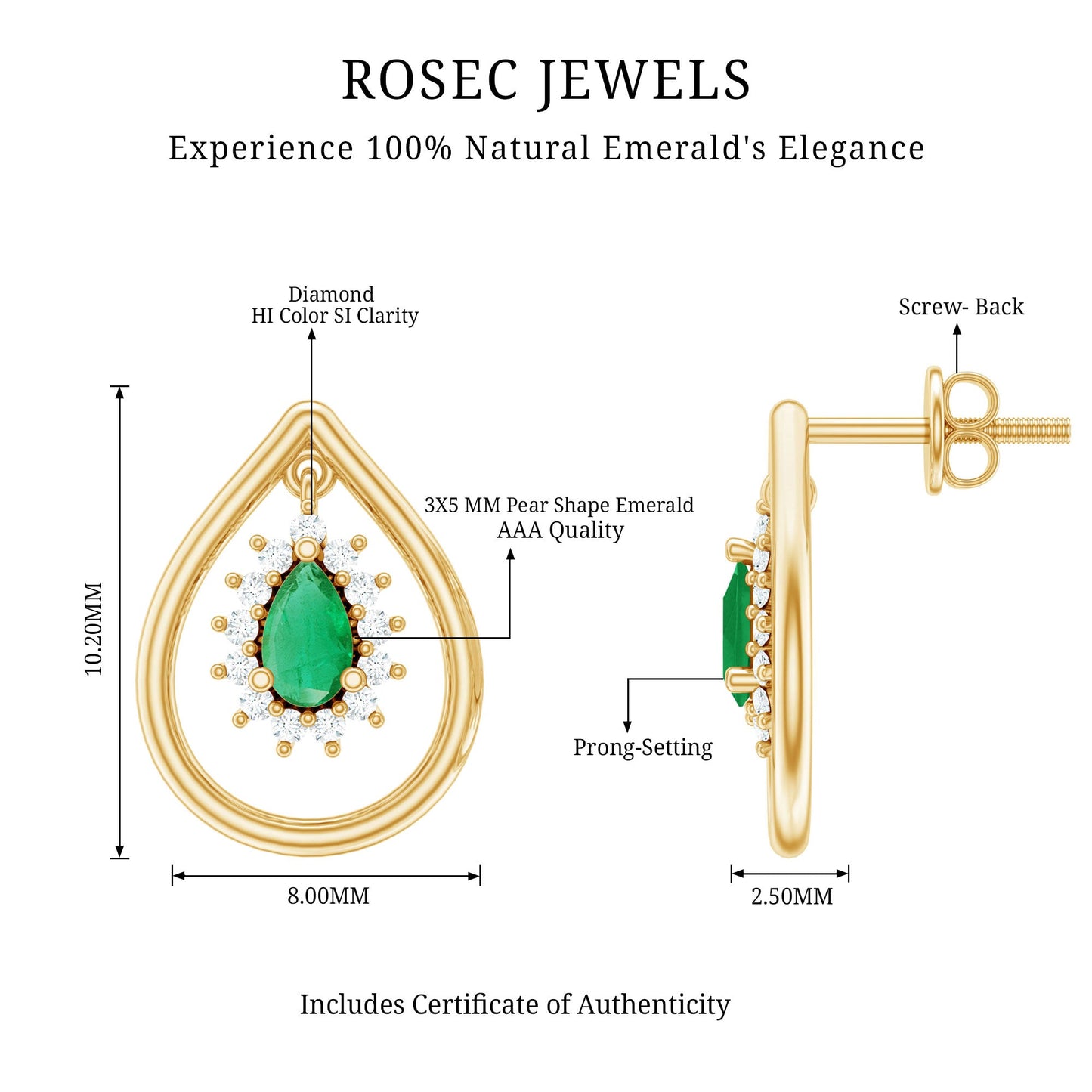 Real Emerald Teardrop Stud Earrings with Diamond Halo