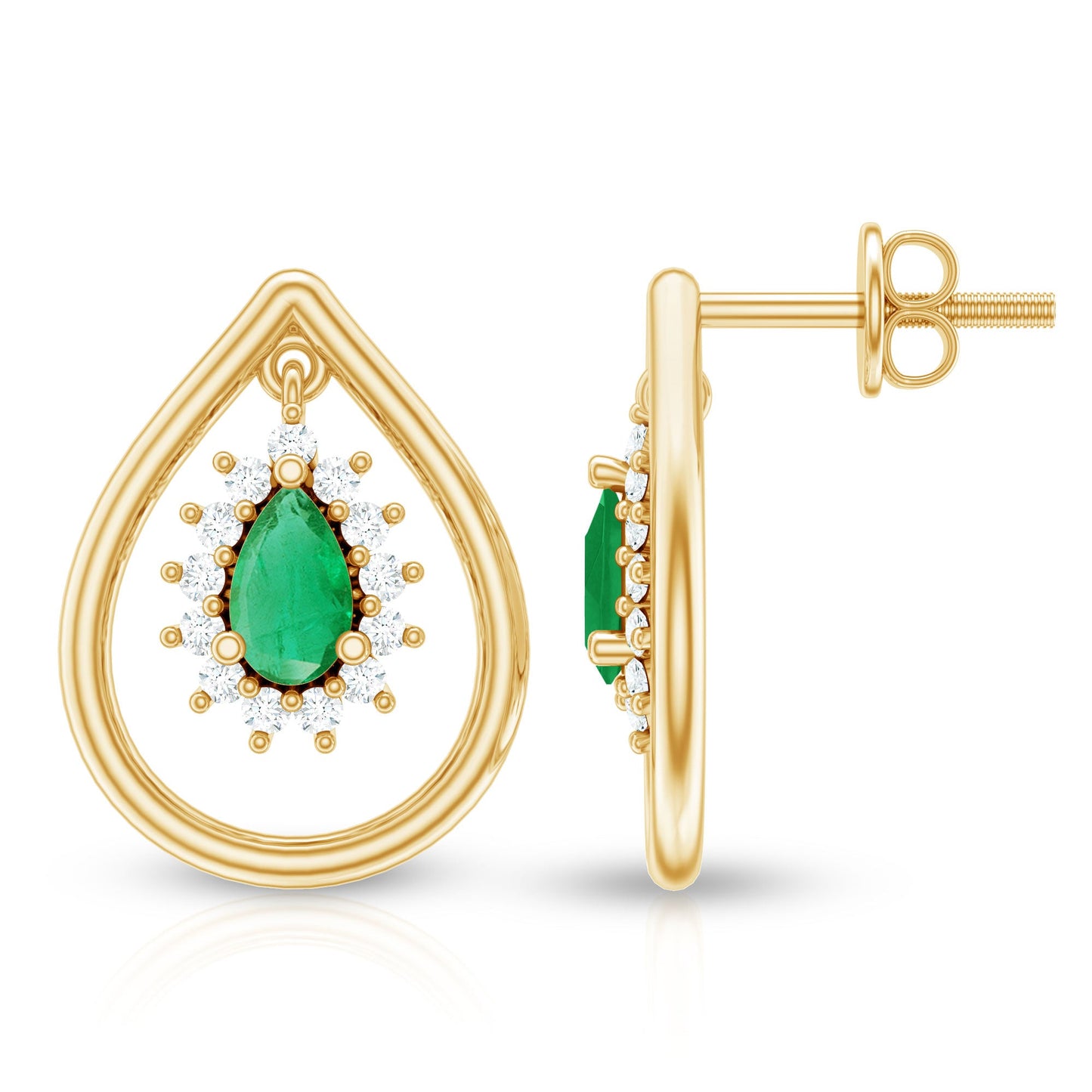 Real Emerald Teardrop Stud Earrings with Diamond Halo