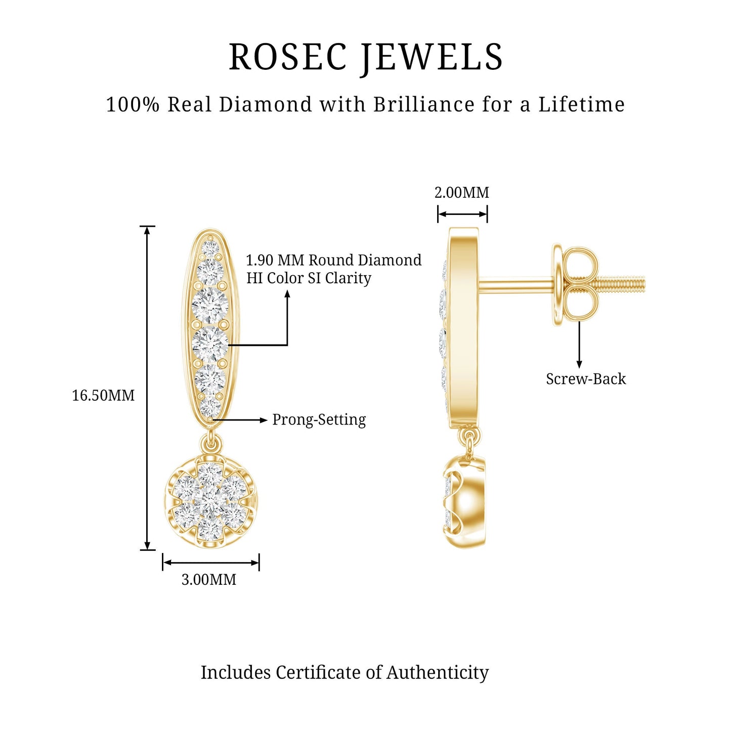 Real Diamond Bar Drop Earrings for Women