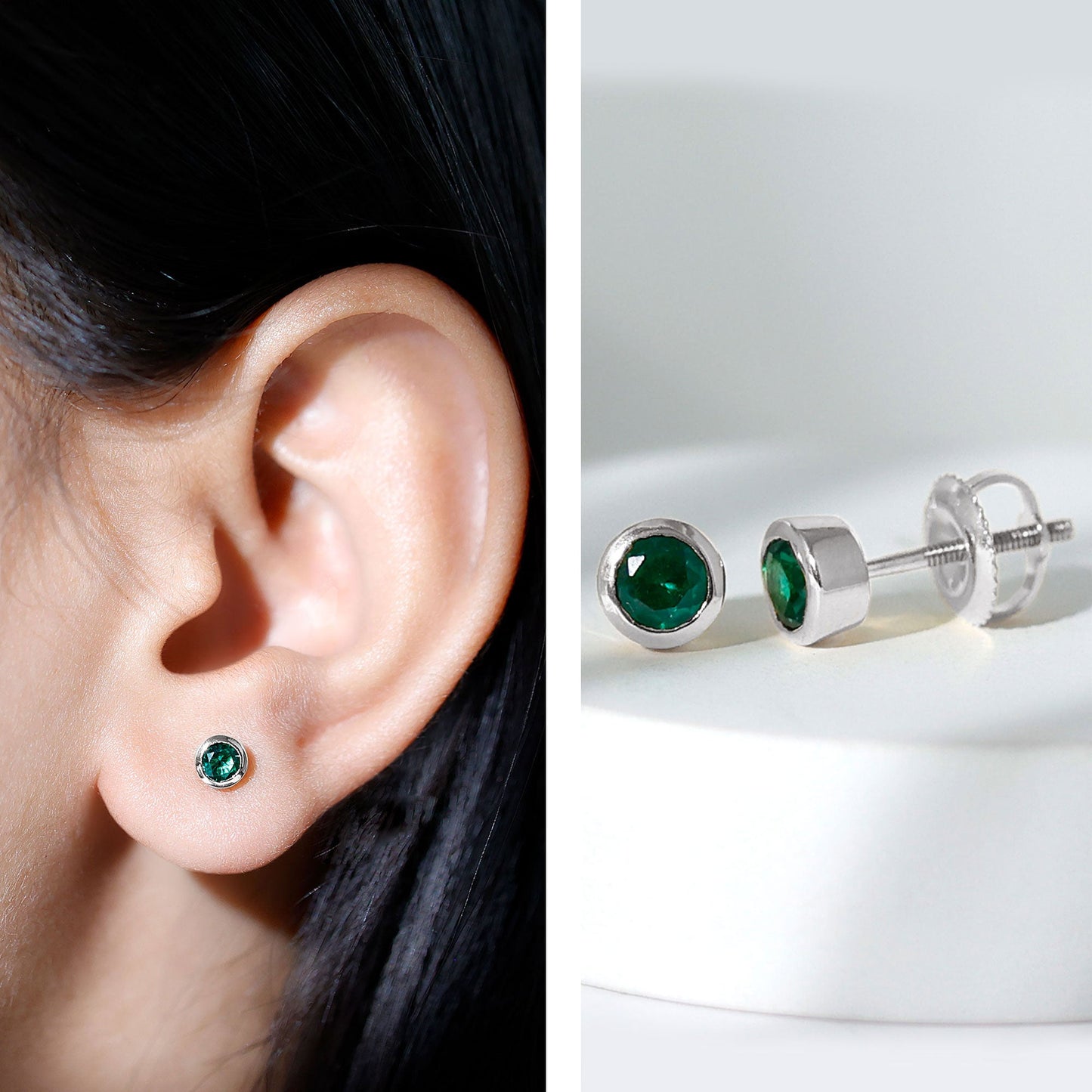 Certified Lab Created Emerald Stud Earrings in Bezel Setting