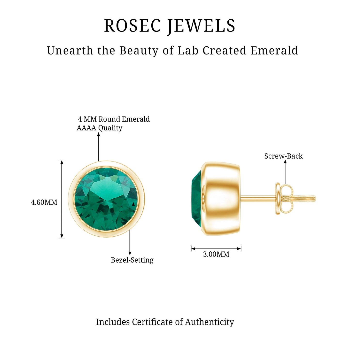 Certified Lab Created Emerald Stud Earrings in Bezel Setting