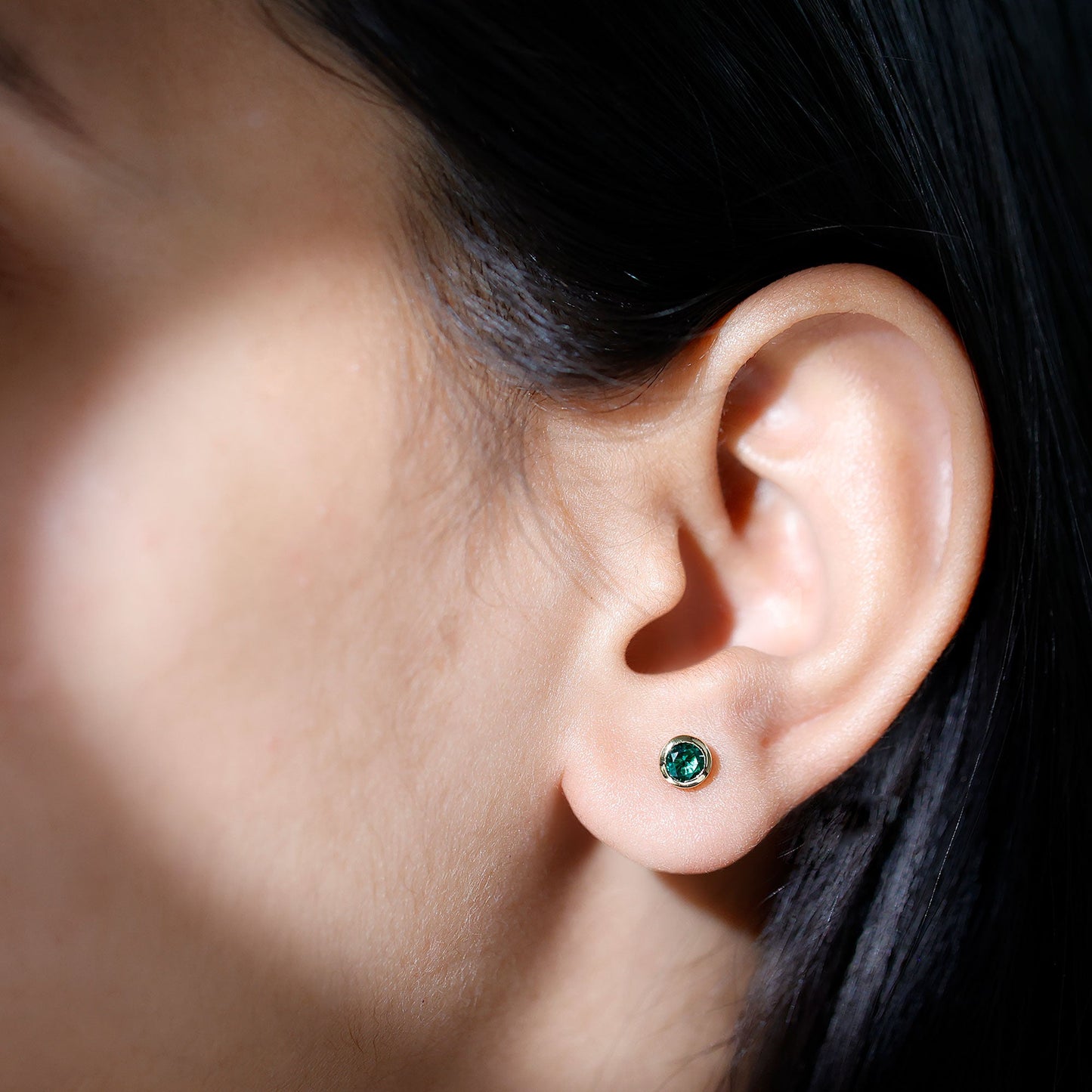 Certified Lab Created Emerald Stud Earrings in Bezel Setting