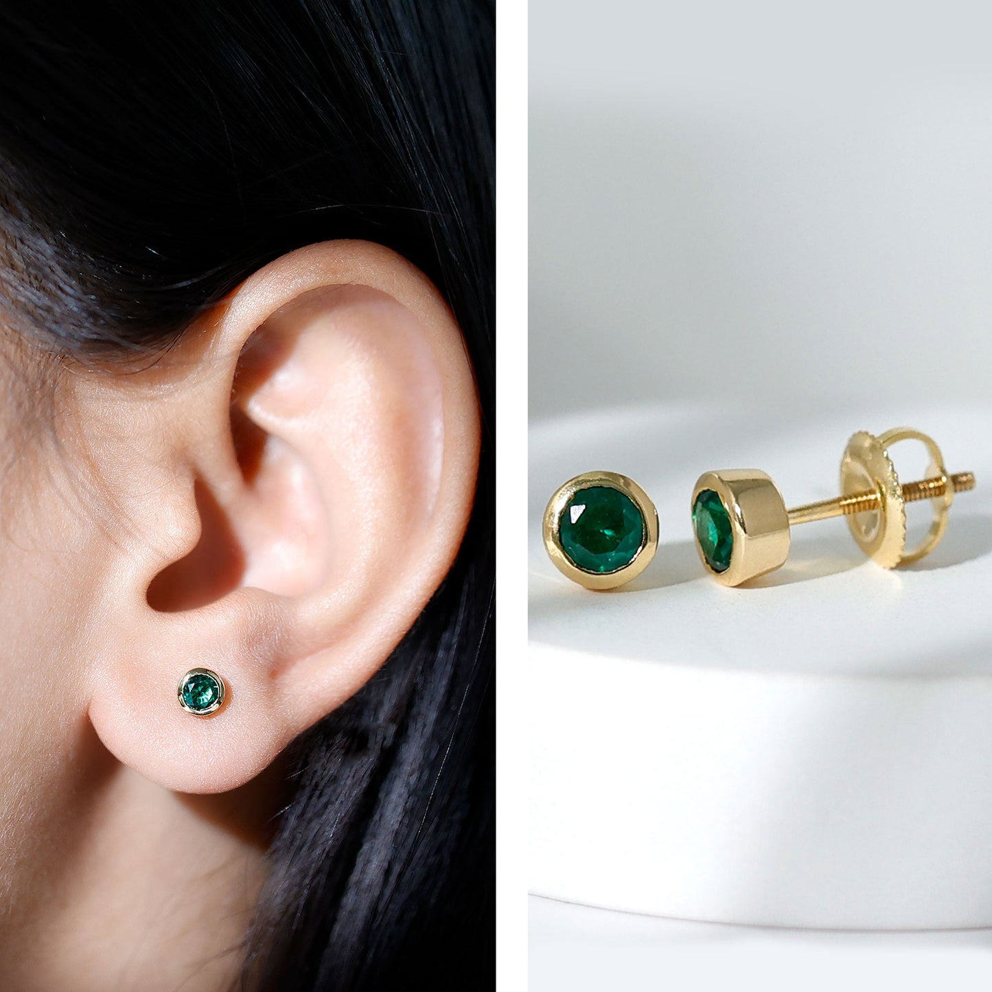 Certified Lab Created Emerald Stud Earrings in Bezel Setting