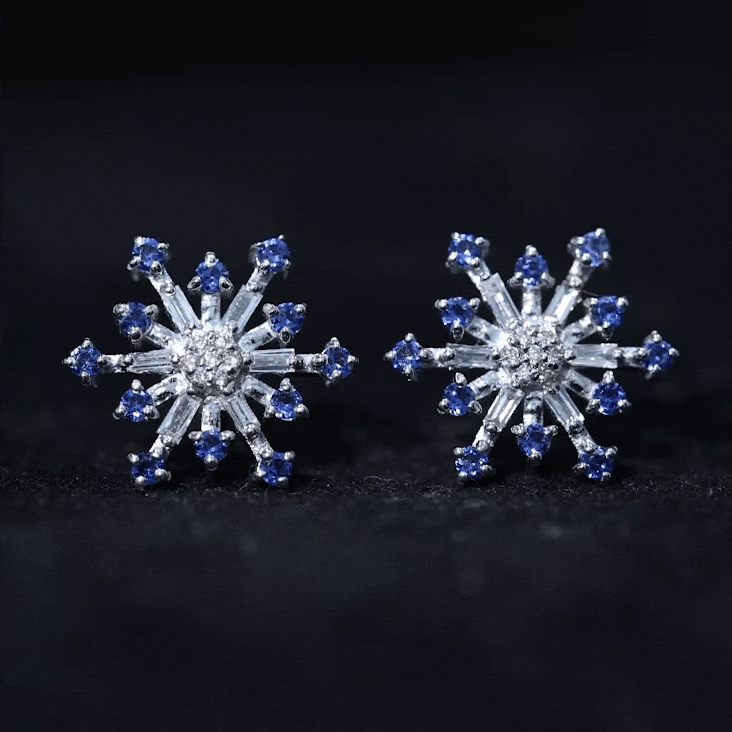 Lab Grown Blue Sapphire and Diamond Snowflake Stud Earrings