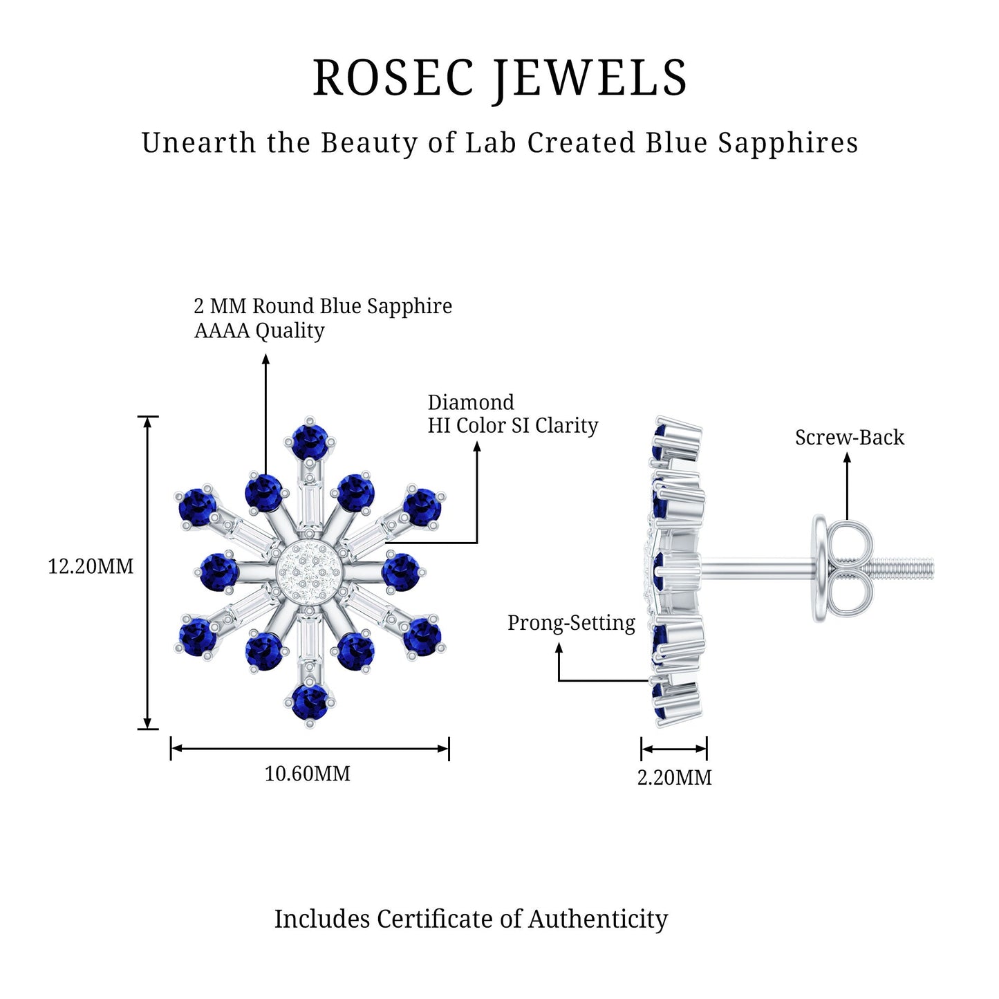 Lab Grown Blue Sapphire and Diamond Snowflake Stud Earrings