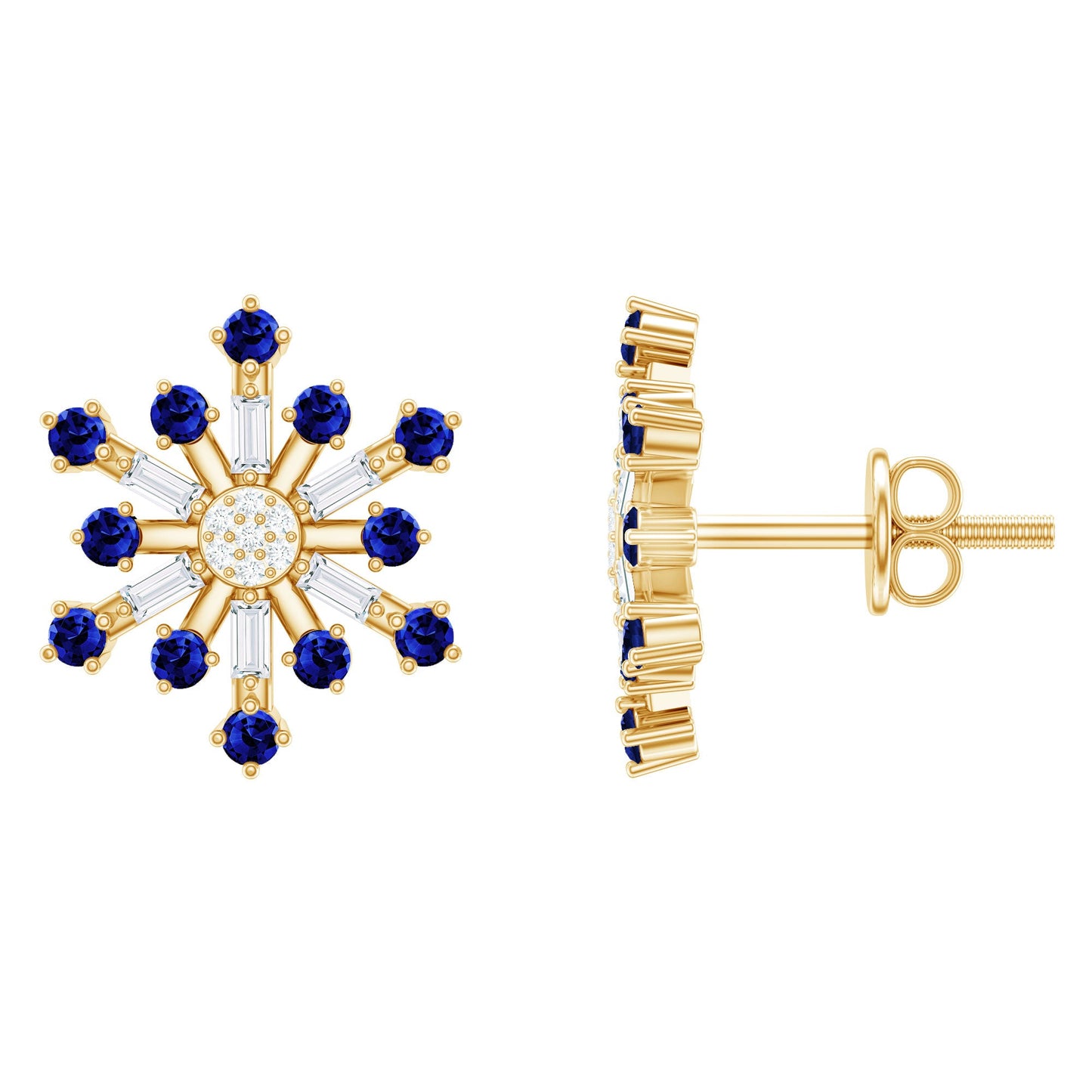 Lab Grown Blue Sapphire and Diamond Snowflake Stud Earrings