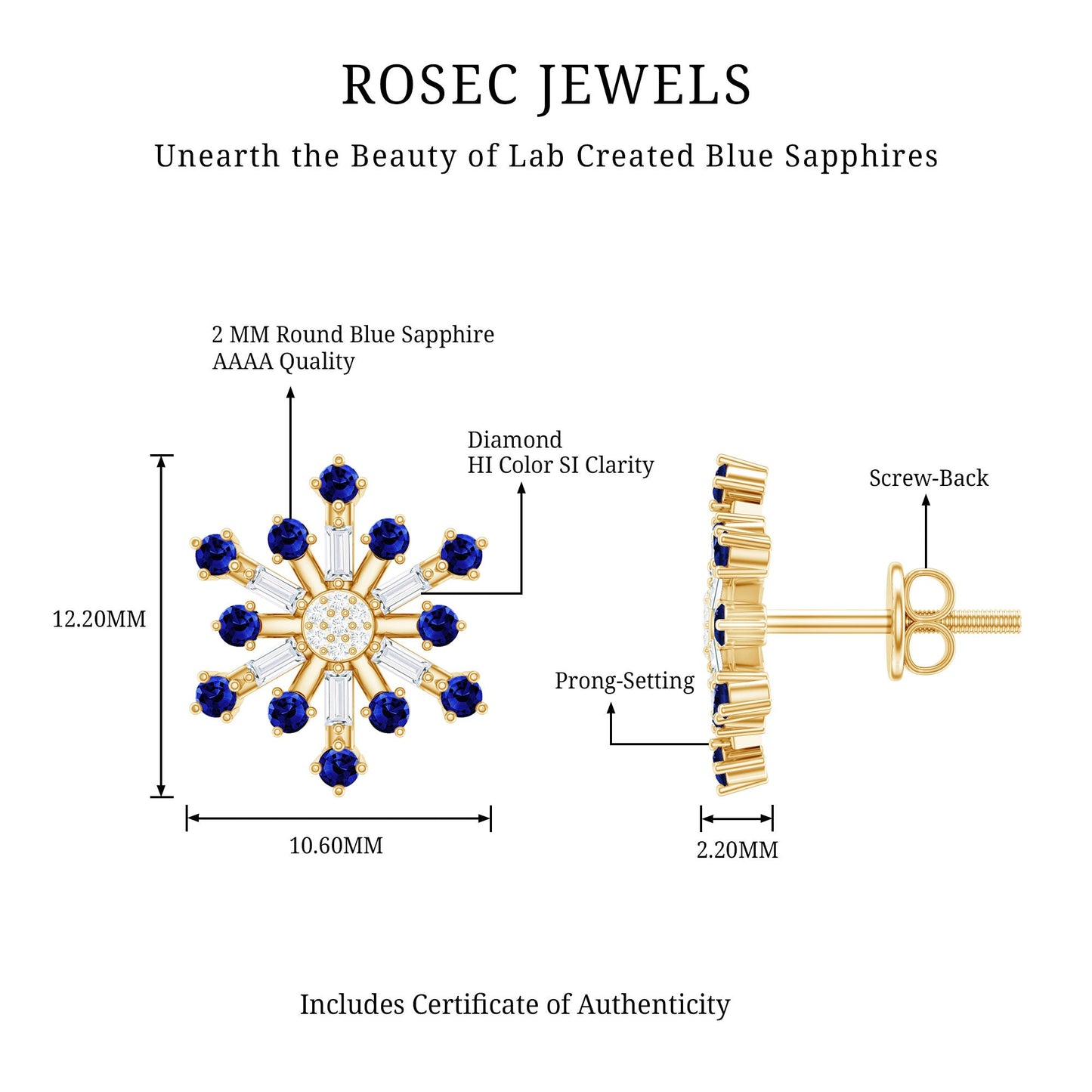 Lab Grown Blue Sapphire and Diamond Snowflake Stud Earrings