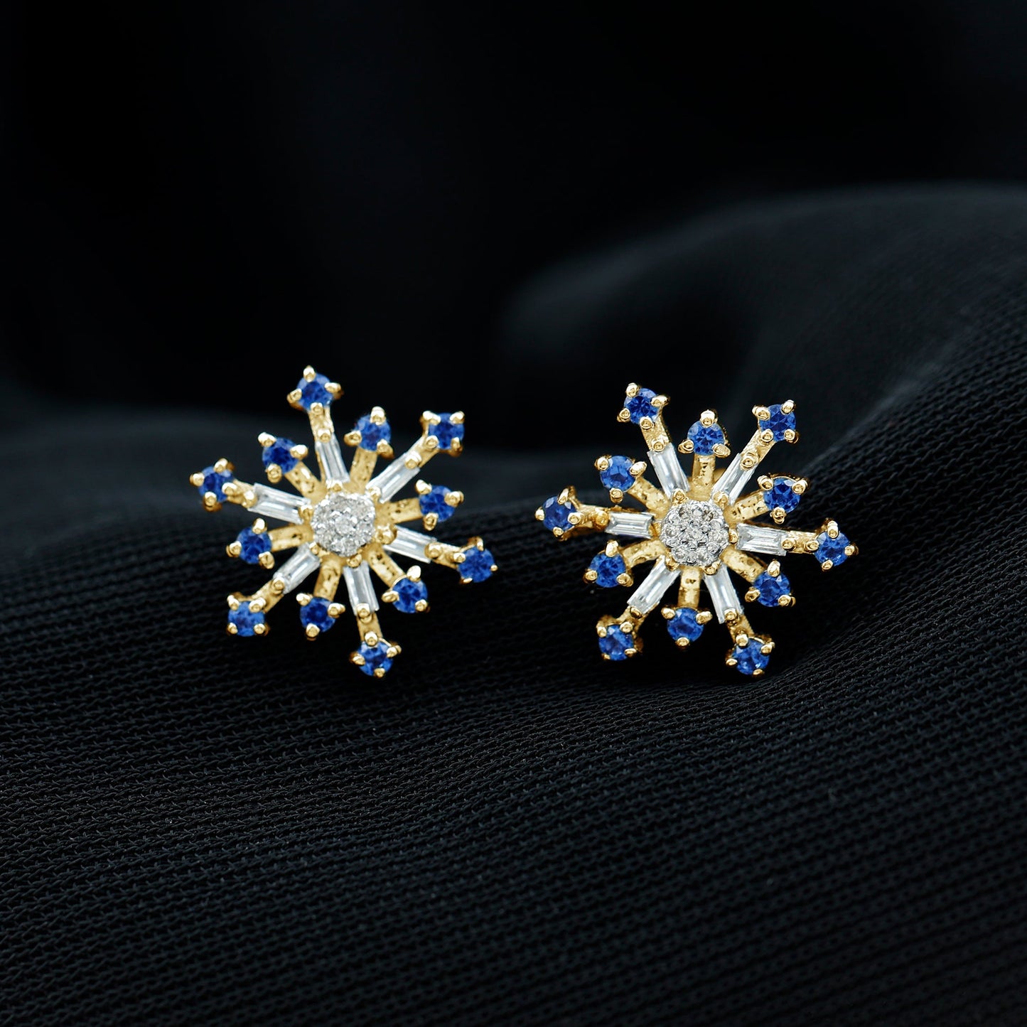 Lab Grown Blue Sapphire and Diamond Snowflake Stud Earrings