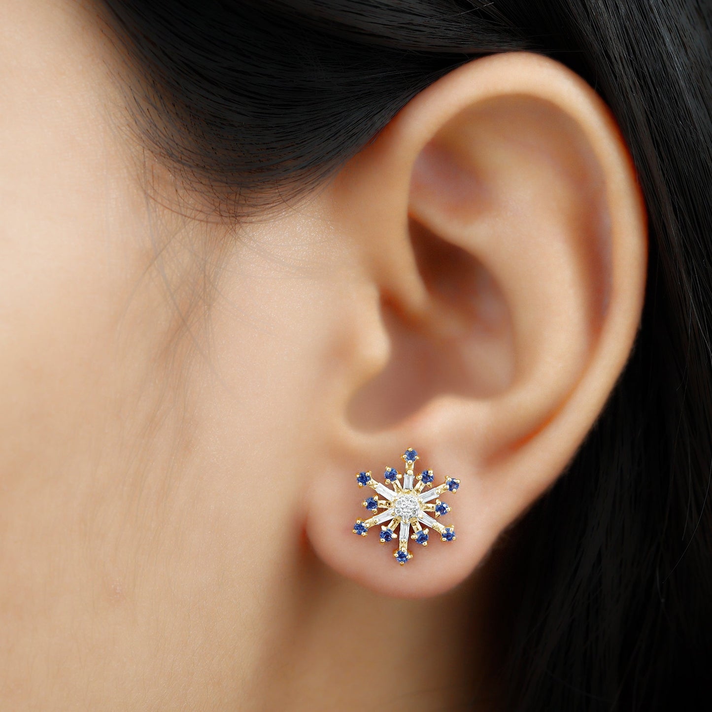 Lab Grown Blue Sapphire and Diamond Snowflake Stud Earrings