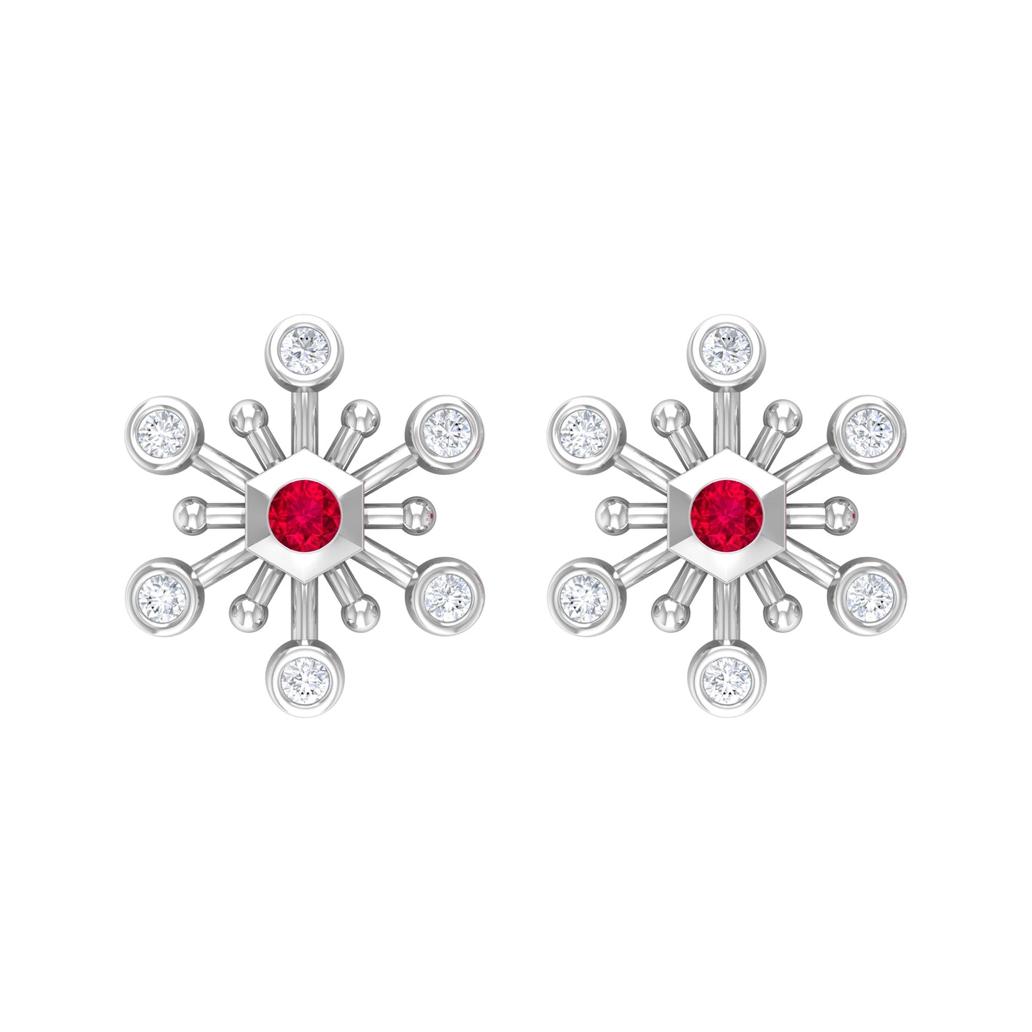 Created Ruby and Diamond Snowflake Contemporary Stud Earrings