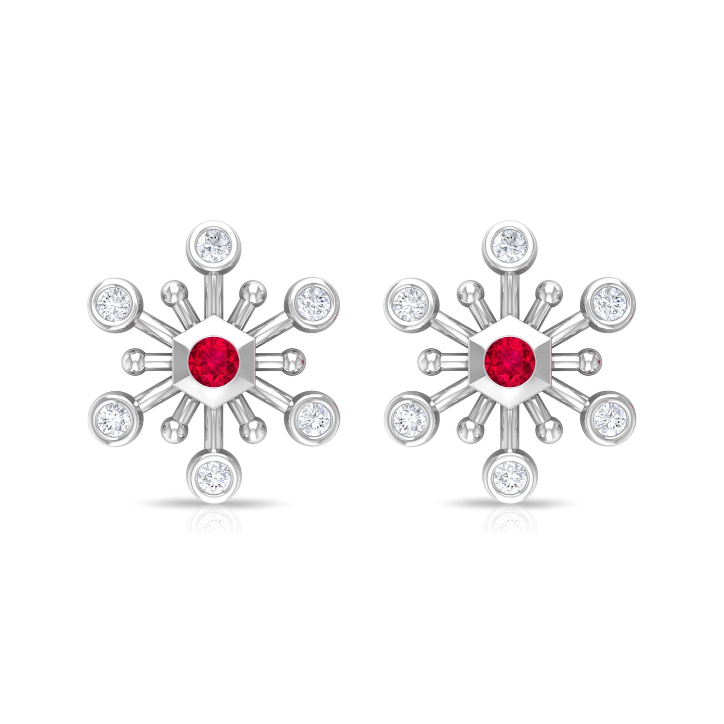 Created Ruby and Diamond Snowflake Contemporary Stud Earrings
