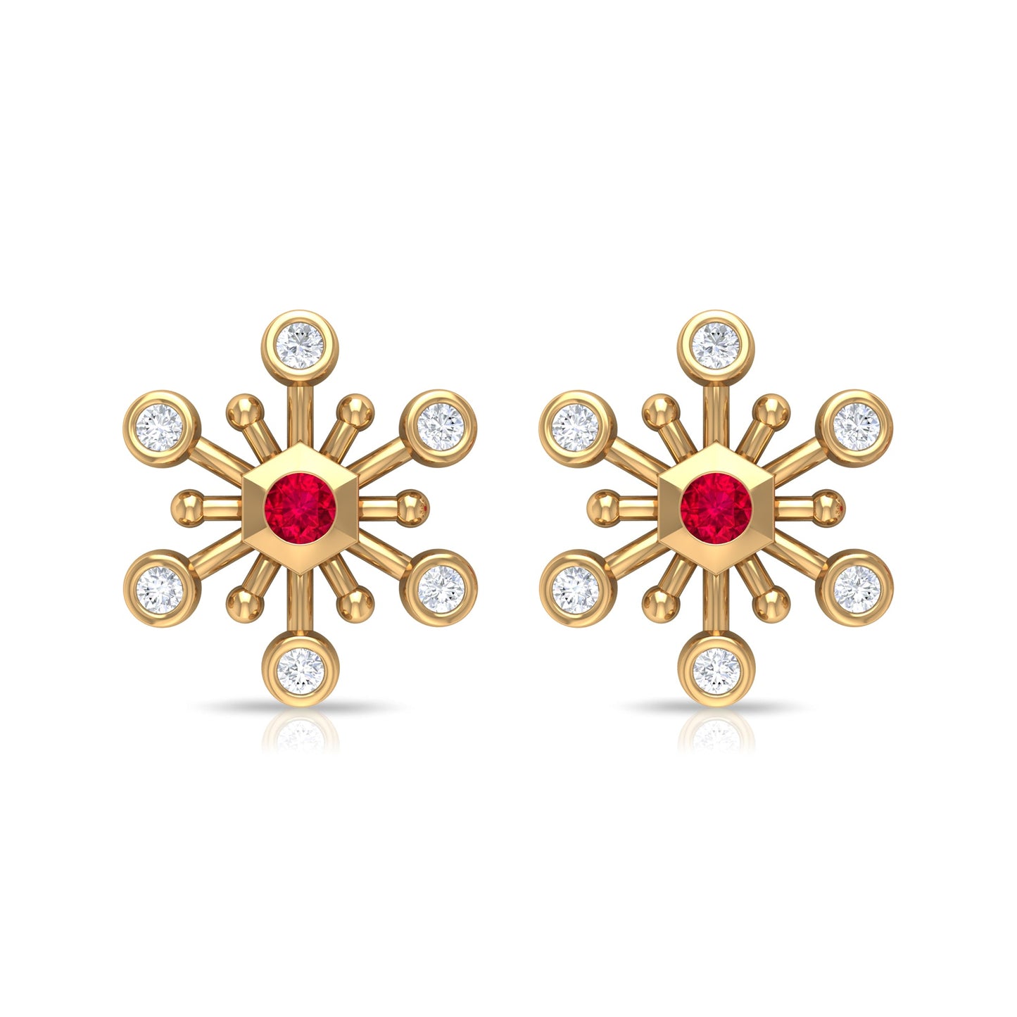 Created Ruby and Diamond Snowflake Contemporary Stud Earrings