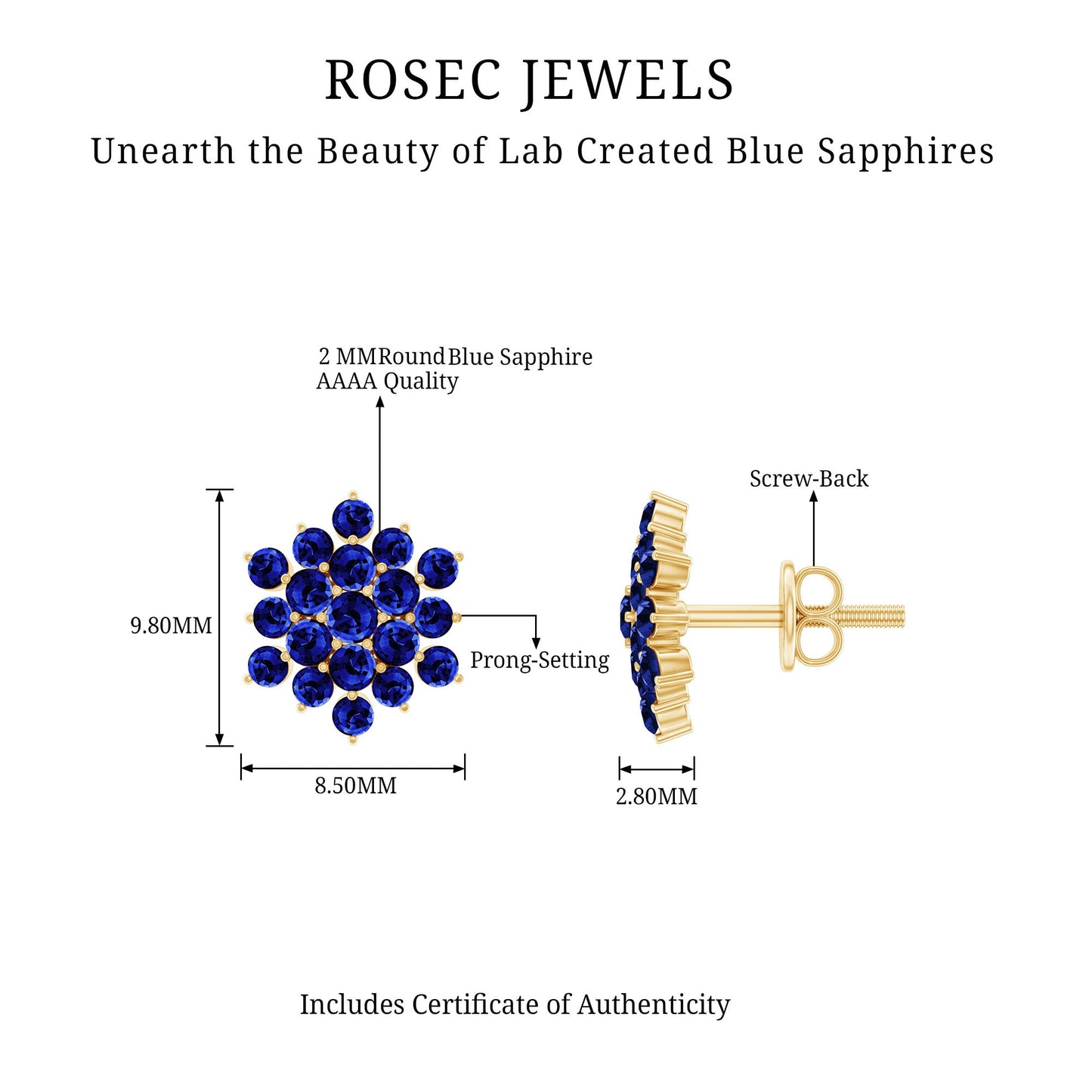 Snowflake Looking Lab Grown Blue Sapphire Cluster Stud Earrings