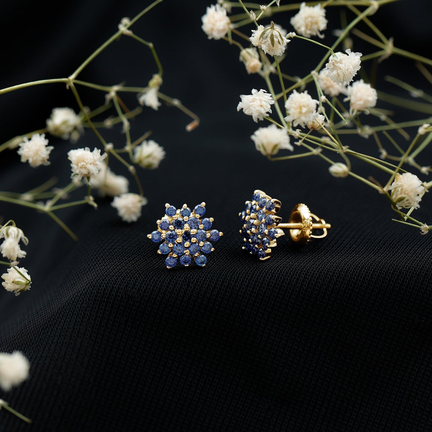 Snowflake Looking Lab Grown Blue Sapphire Cluster Stud Earrings