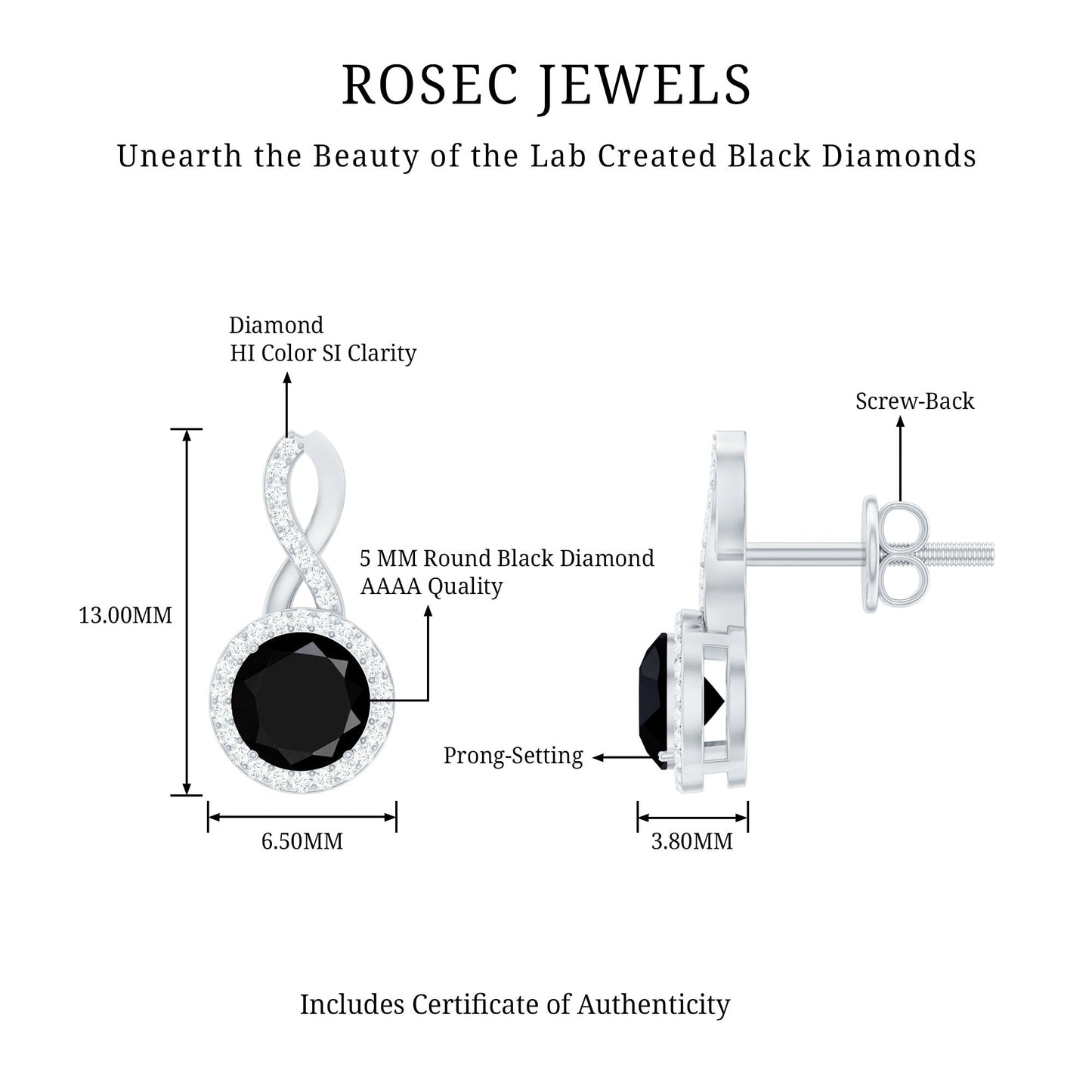 1.6 Carat Lab Grown Black and White Diamond Infinity Stud Earrings