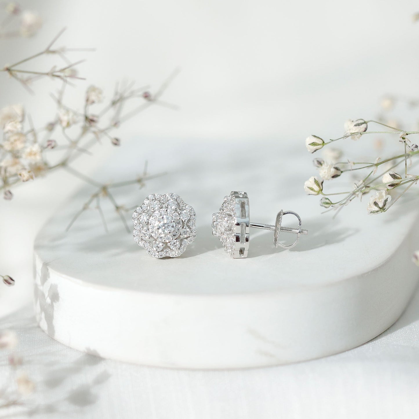 Certified Moissanite Big Flower Stud Earrings