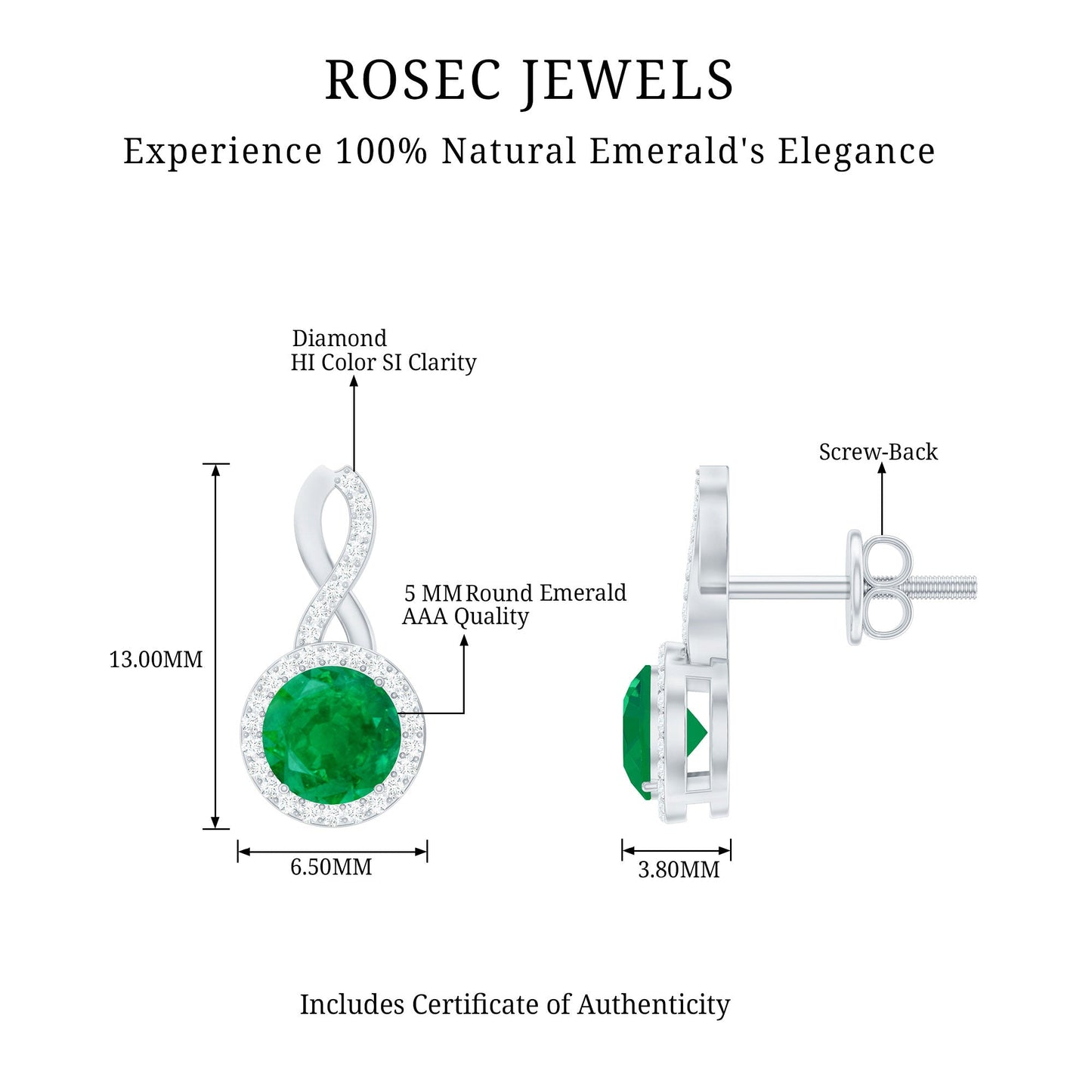 Genuine Emerald and Diamond Infinity Stud Earrings