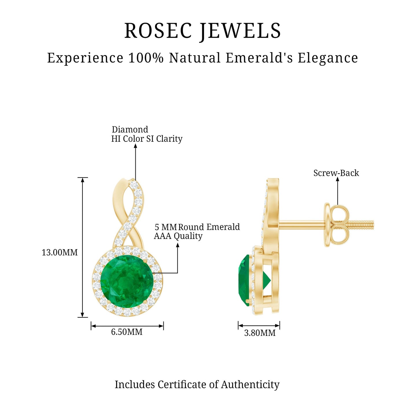 Genuine Emerald and Diamond Infinity Stud Earrings