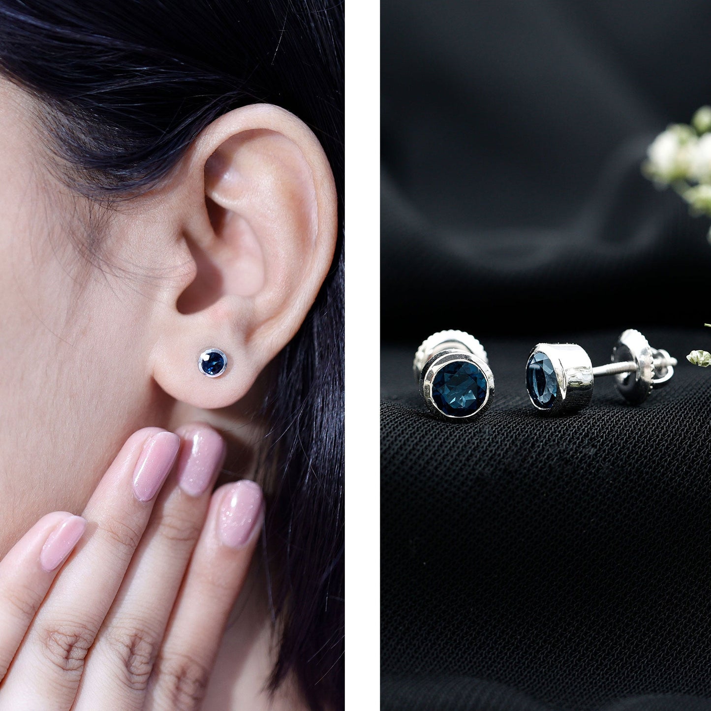 1.2 Carat Round Cut London Blue Topaz Solitaire Stud Earrings in Bezel Setting