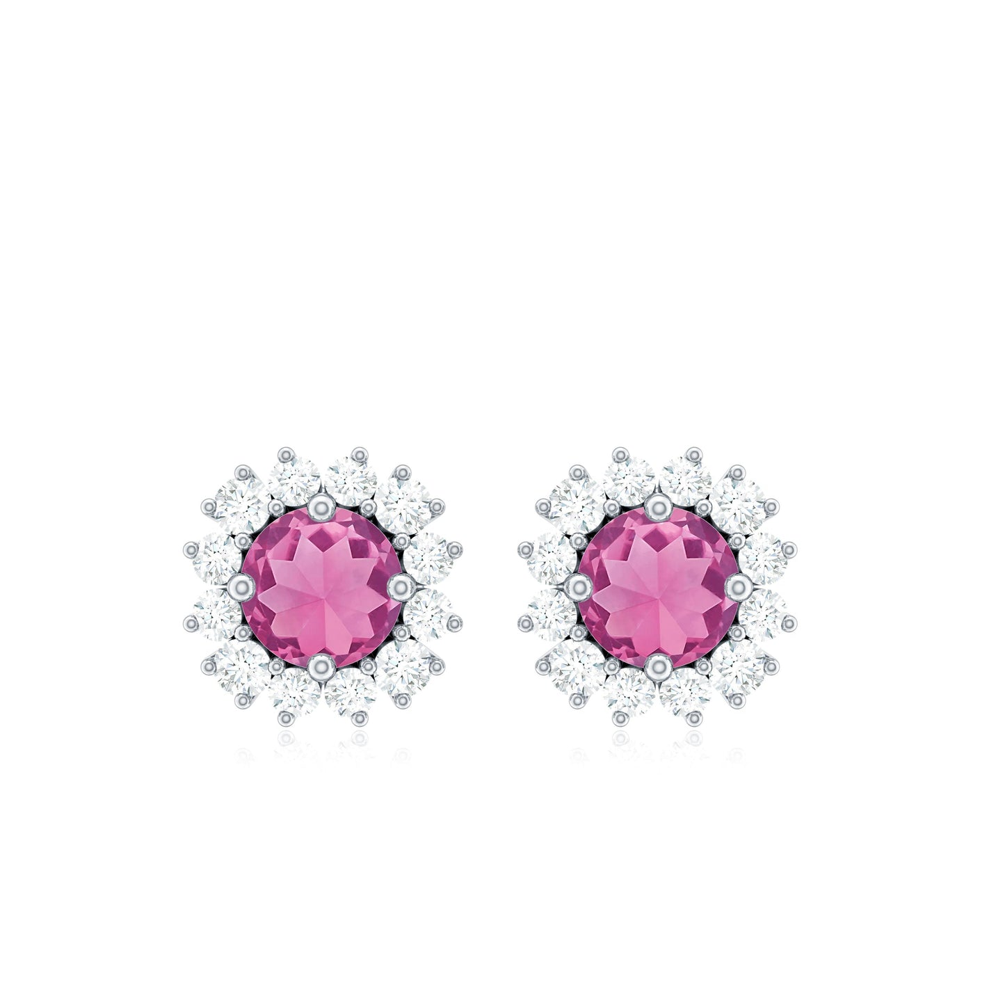Natural Pink Tourmaline Stud Earrings with Diamond Halo