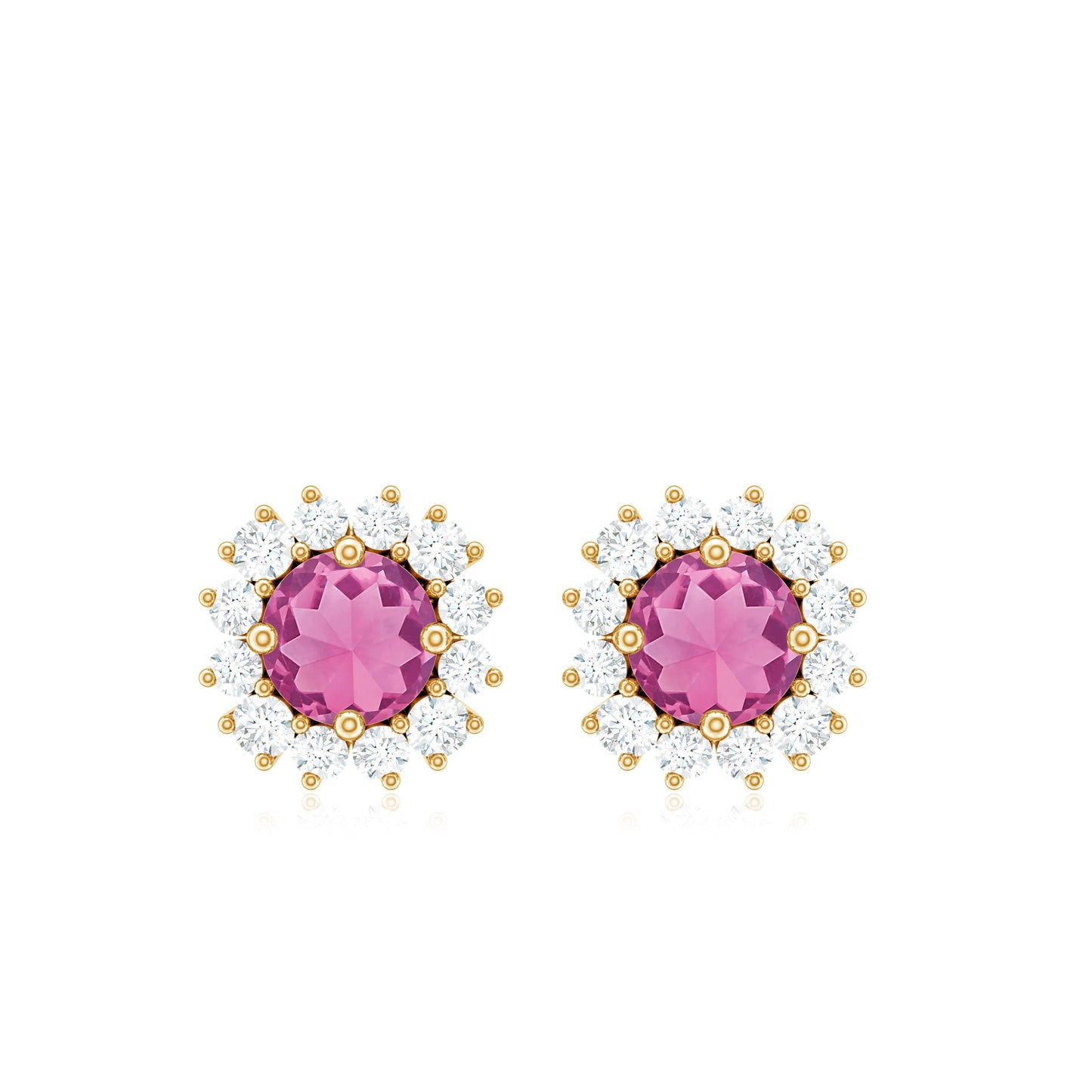 Natural Pink Tourmaline Stud Earrings with Diamond Halo