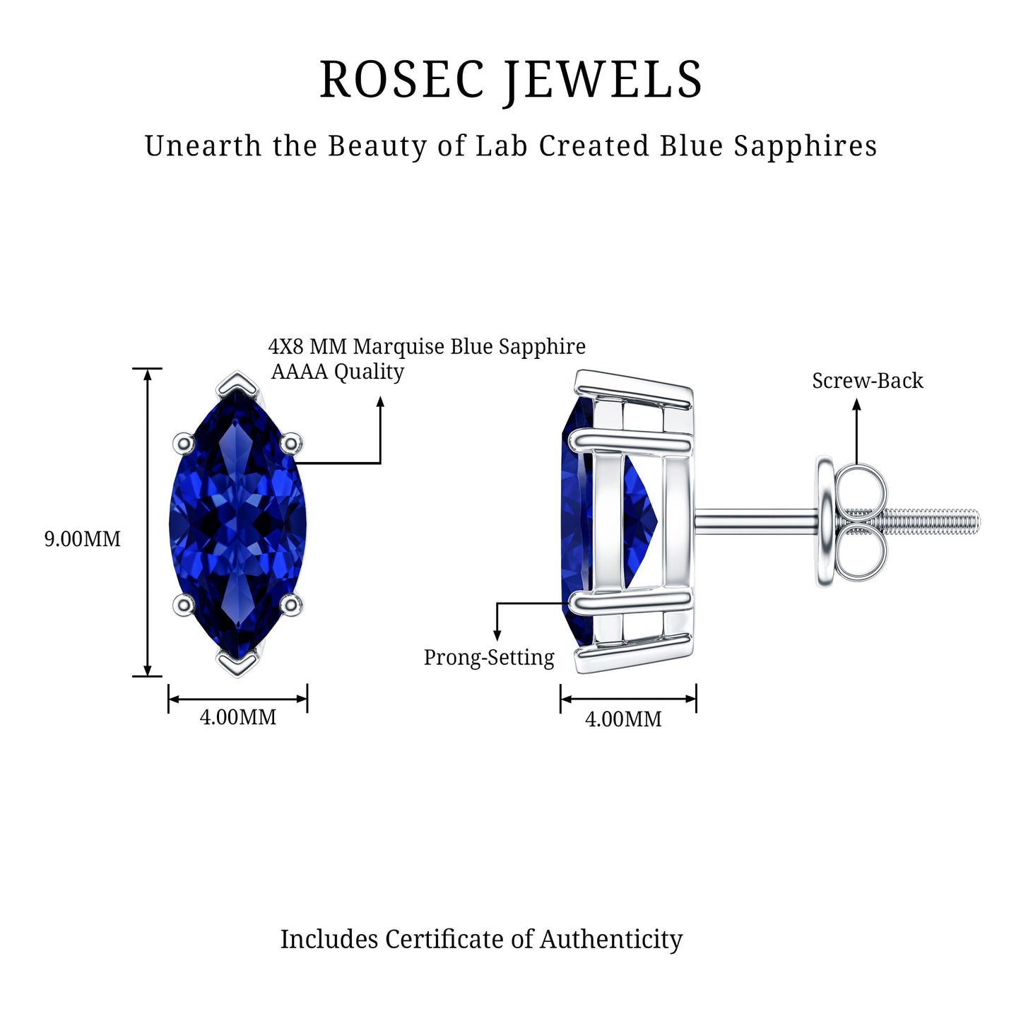 1.5 Carat Marquise Lab Created Blue Sapphire Stud Earrings